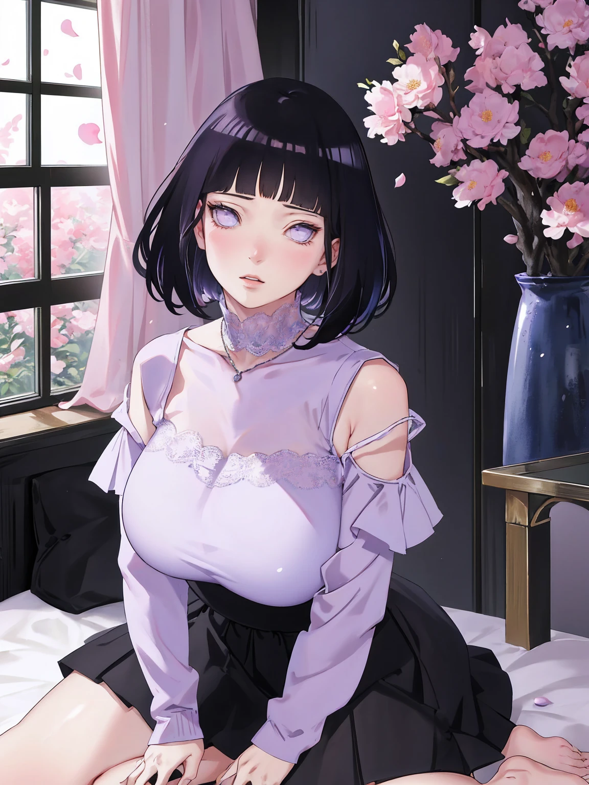 { - anatomy error} (Masterpiece - Ultra-detailed, very high resolution) (huge titusty, masterpiece, absurdres, hinata\(boruto\), 1girl, solo,mature female, off-shoulder bra, high waist black short skirt, looking at viewelling petals), perfect composition, detailed lips, big breast, beautiful face, body propotion, blush, (pink lips), short hair, (black hair), purple eyes, soft gaze, super realistic, detailed, photoshoot, realistic face and body, closed mouth, sitting on the bed , lilac eyes, full body, lace clothes, with chin resting on shoulder, perfect fingers