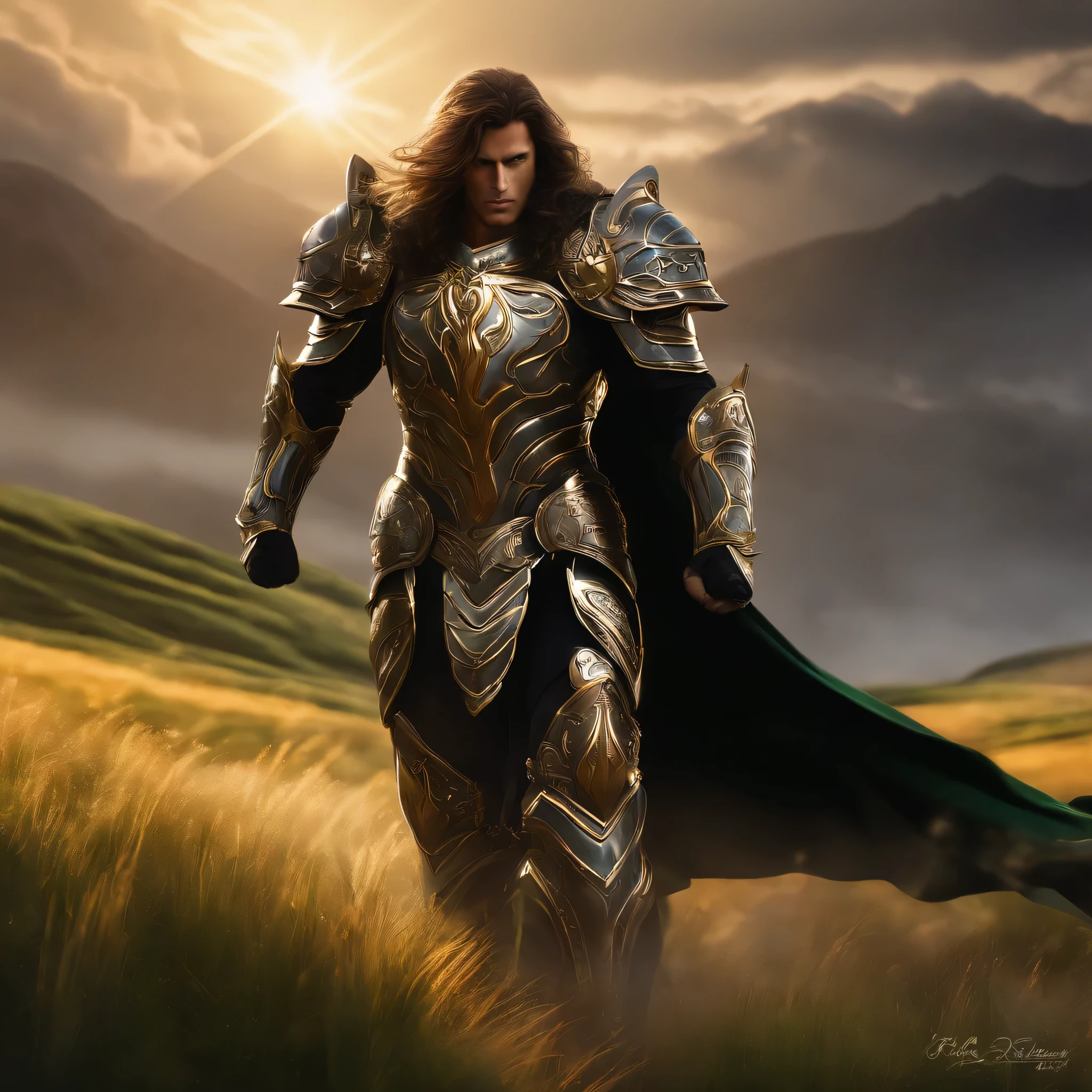 (1men), wearing a heavy knight armor, dark armor, intricate black and gold armor details, intricate beautiful green fields, legendary, futuristic, saint seiya, long brown hair, muscular, power pose, highly detailed background, fire in the eyes, aura power, highly detailed, walking pose, walking in front of his troops