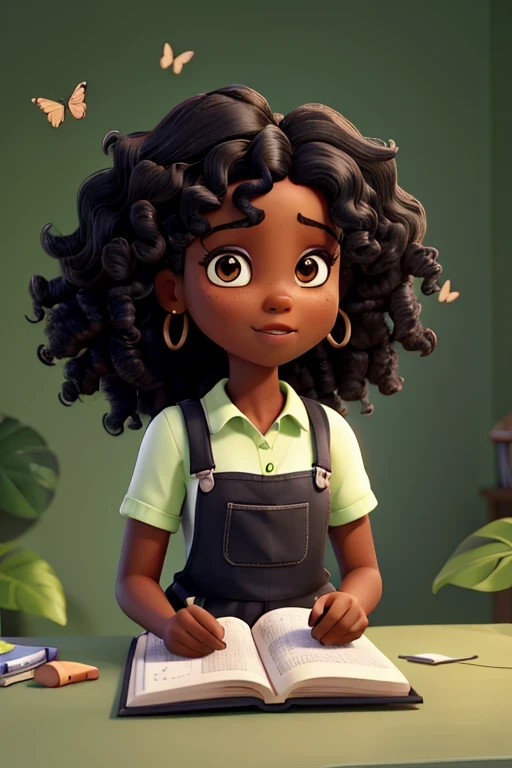 brunette black woman with curly hair black eyes wearing green overalls white blouse with butterflies with open book in hands white background
