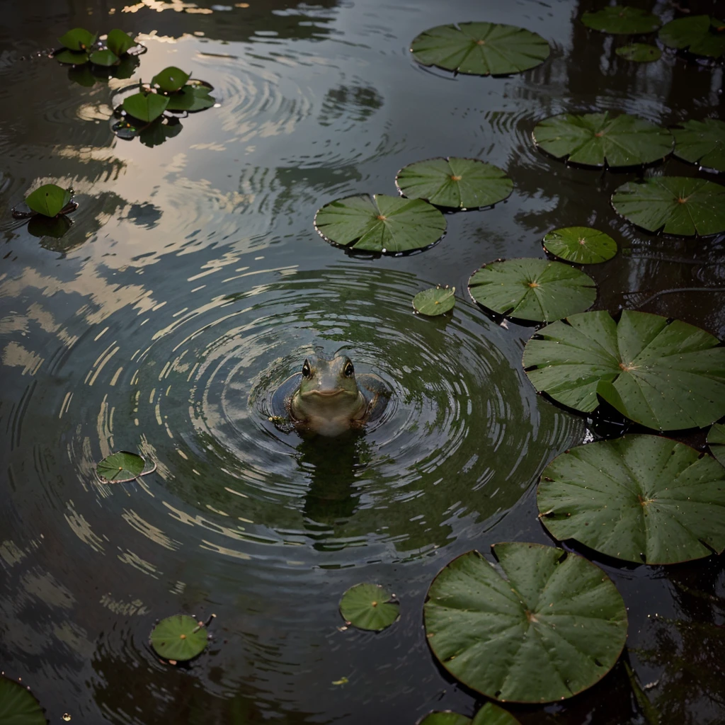 (best quality,4k,8k,highres,masterpiece:1.2),ultra-detailed,(realistic,photorealistic,photo-realistic:1.37),A frog sitting on a lily pad catching bugs,moonlit swamp,shimmering lily pads,reflection on the water,misty fog,ripples in the water,serene atmosphere,vibrant green lily pad leaves,lush vegetation,nighttime ambiance,subtle shadows,crisp textures,radiant moonlight,sparkling stars,dreamy scene,ethereal glow,dimly lit surroundings,tranquil setting,nighttime stillness,frog's detailed textures,subtle wrinkles on the lily pad,moonlit silhouette of the frog,delicate webbed feet,complex patterns on the frog's body,smooth skin on the frog,slender body proportions,curious expression in the frog's eyes,gleaming water droplets on the lily pad surface,captivating moonlight reflections,subtle color variations on the lily pad surface,faint sounds of insects chirping in the background,peaceful serenade of croaking frogs in the distance,overall cool color palette,soft diffused moonlight,subtle play of light and shadow