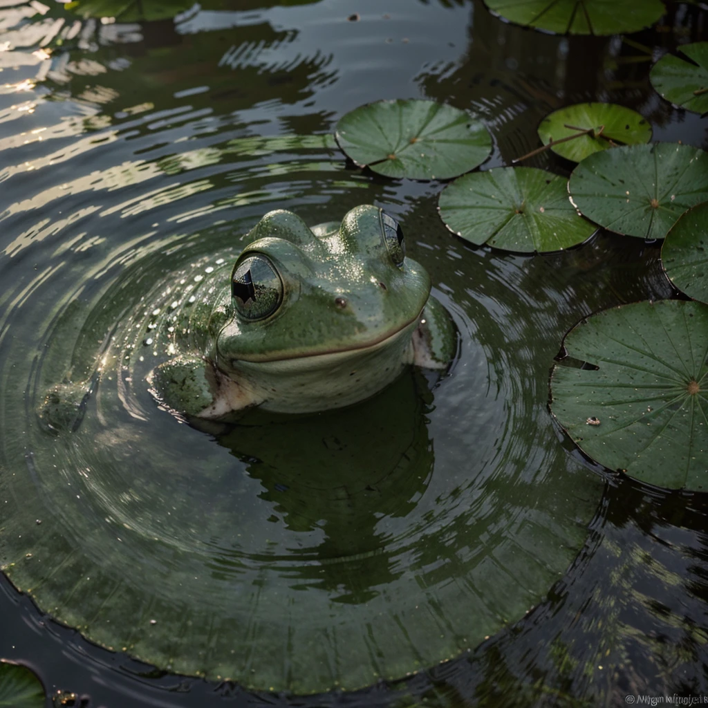 (best quality,4k,8k,highres,masterpiece:1.2),ultra-detailed,(realistic,photorealistic,photo-realistic:1.37),A frog sitting on a lily pad catching bugs,moonlit swamp,shimmering lily pads,reflection on the water,misty fog,ripples in the water,serene atmosphere,vibrant green lily pad leaves,lush vegetation,nighttime ambiance,subtle shadows,crisp textures,radiant moonlight,sparkling stars,dreamy scene,ethereal glow,dimly lit surroundings,tranquil setting,nighttime stillness,frog's detailed textures,subtle wrinkles on the lily pad,moonlit silhouette of the frog,delicate webbed feet,complex patterns on the frog's body,smooth skin on the frog,slender body proportions,curious expression in the frog's eyes,gleaming water droplets on the lily pad surface,captivating moonlight reflections,subtle color variations on the lily pad surface,faint sounds of insects chirping in the background,peaceful serenade of croaking frogs in the distance,overall cool color palette,soft diffused moonlight,subtle play of light and shadow