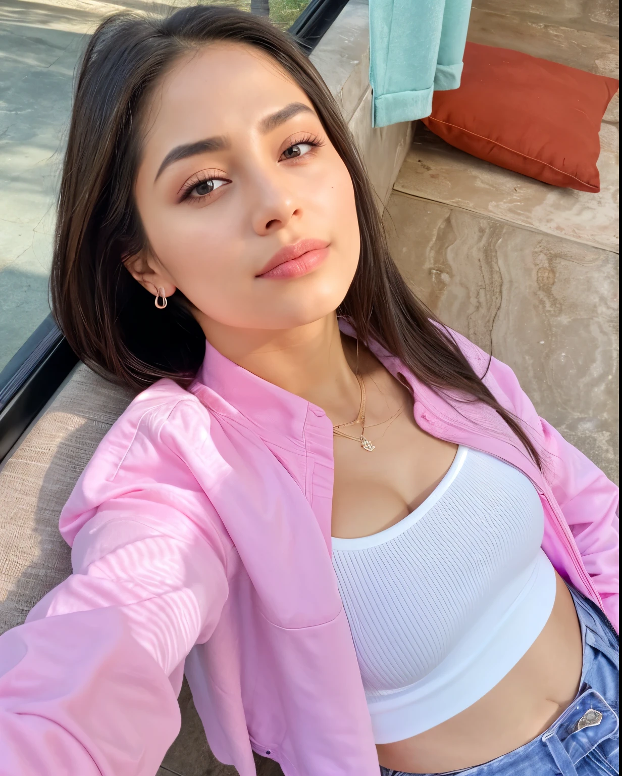 Selfie of Arafad woman in pink jacket and jeans, Diliraba Dilmurat, sophisticated makeup, Isabella Moner, Violet Miles, Carla Ortiz, profile photo, midriff-baring top, profile picture, Fernanda Suarez, early 2020s, top, Julia Fuentes, Lorena Alvarez