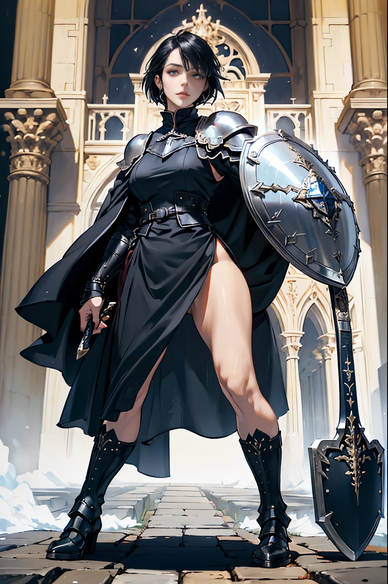 (((((middle age woman))))), masterpiece, ultra detailed, 8k portrait, RAW photo, portrait photography, highly detailed face, ((Fantasy)), 1 woman, (((female knight))), (((spread legs dynamic standing pose))), 33 years old, (((((tall))))), (((small eyes))), glasses, (((straight black bob hair))), ((hair over one eye)), (((white skin color))), (((navy blue heavy armor and see-through medium skirt))), (((black long cloak))) fluttering in the wind, (((high cut iron shoes))), (((equip a long sword and very large shield))), Midday Sun, hyper realistic, Body model, Small breasts, Beautiful breasts, (big butt), (thick thighs), Long legs, in the medieval adventurer's guild, Ambient lighting, Shadow details , Camera focus on face, strong breeze, Light fog , (((((rekt pussy)))))