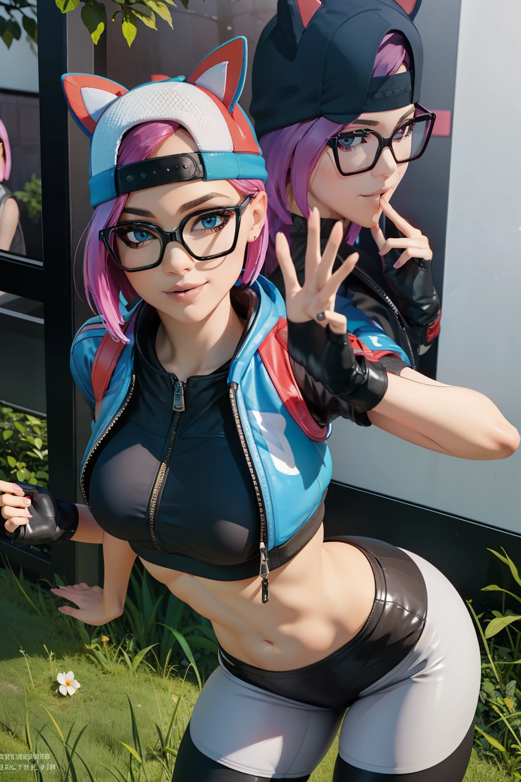 1 girl, (masterpiece), (best quality), standing, (solo), looking at viewer, high detailed,extremely detailed, fine eyes, smile,dynamic pose, short pink hair,cap,crop top, jacket,fingerless glove,curvy,forest,glasses,(gray leggings),(portrait:1.2),