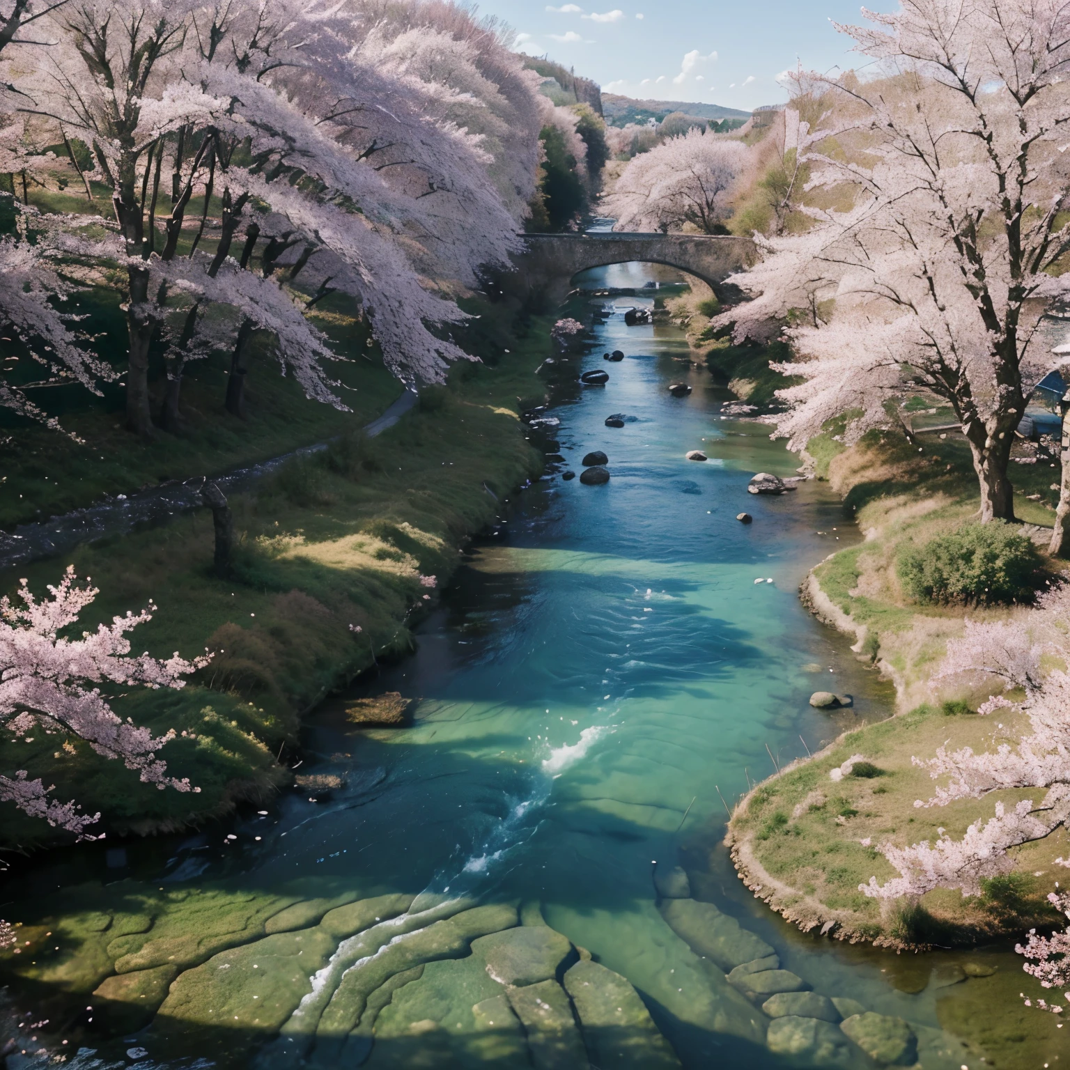 Draw a river with a small village, anime beautiful peace scene, very beautiful landscape, landscape artwork, landscape art detail, very beautiful digital art, beauty of natural landscape, beautiful art UHD 4 K, very beautiful photos, beautiful nature, landscape wallpaper, really beautiful nature, beautiful digital artwork, beautiful background, cherry blossom trees, anime style