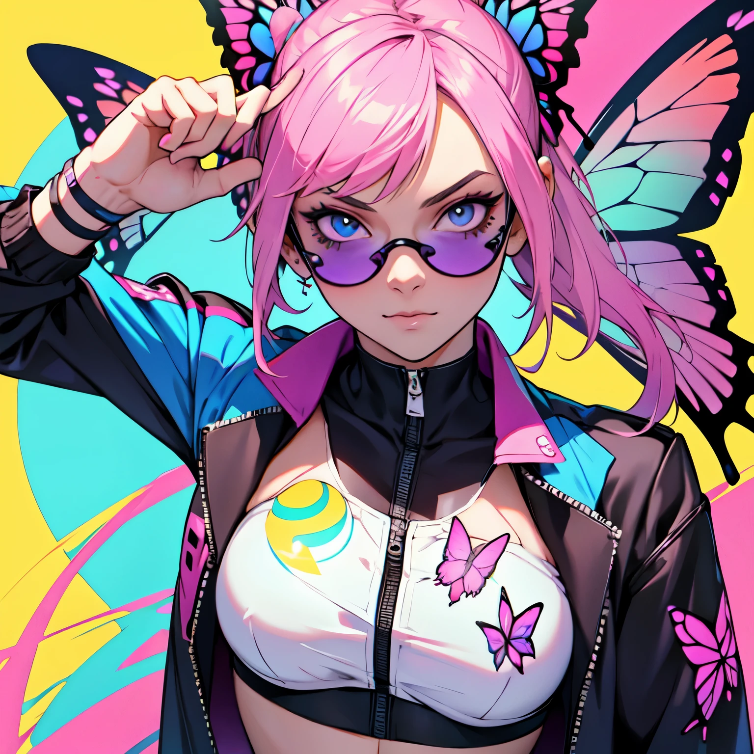 french girl with insanely creatively unique butterfly style, wearing colorful neon sunglasses, cool pose with finger pose, cool background