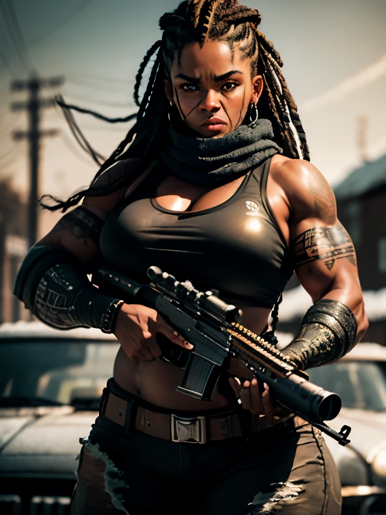 best quality,ultra-detailed,portrait, muscular, Aissa Maiga mixed with sanaa lathan holding oversize shotgun, aiming to the side, big woman, 200 lbs, muscular arms and thighs, wide hips, woolly braided hair, box braids, very dark skin, beautiful detailed amber eyes, beautiful dry lips, tribal tattoos on face, detailed long woolly braided hair, bantu braids, blood soaked t-shirt with scarf, balaclava under neck, tactical vest, black tactical pants, mercinary, dynamic action, aiming and shooting shotgun, intense, cold, snowy atmosphere, blood in the snow, desolate landscape, freezing, breezy winter night, icy road, bare trees, abandoned vehicles, angry expression, sharp focus on the old rusty rifle, metallic texture, crisp, high contrast, cool color tones, dramatic lighting