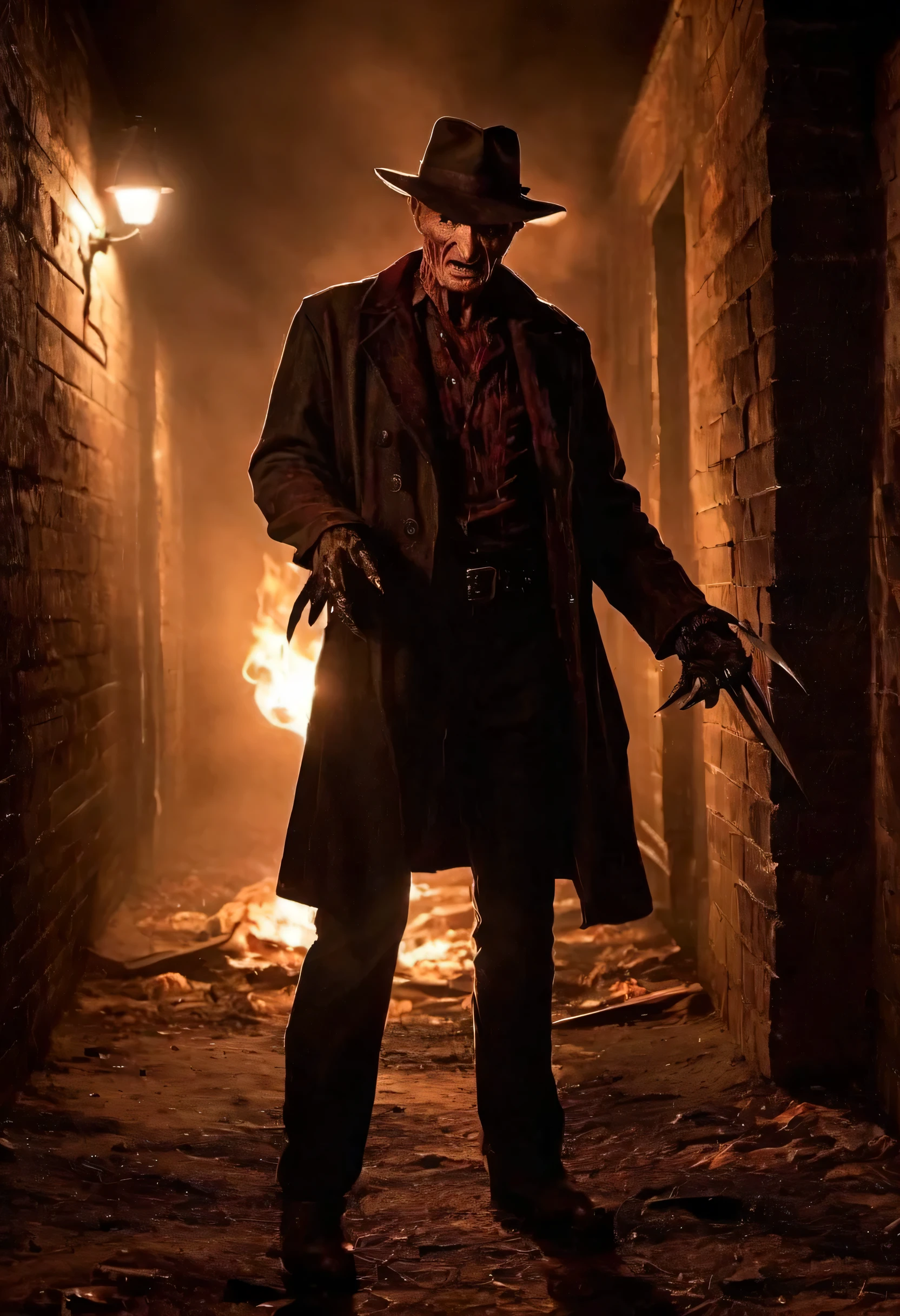 Describe a Freddy Krueger con su atuendo original., stalking a woman in a creepy alley. (Calidad premium, 8K, 32k, Obra maestra, nffsw:1.3), (Ultra High Definition), (fotorrealista:1.4), raw photography, ojos perfectos, figura perfecta, action pose:1.2, Super detailed and realistic lights.. Su sombrero de ala ancha proyecta una sombra siniestra sobre su rostro quemado y desfigurado., mientras las afiladas hojas de hierro en sus dedos brillan con una luz siniestra. The air is thick with tension and palpable fear....., mientras Freddy se queda con una sonrisa malvada, Ready to stalk his next victim in the dark....