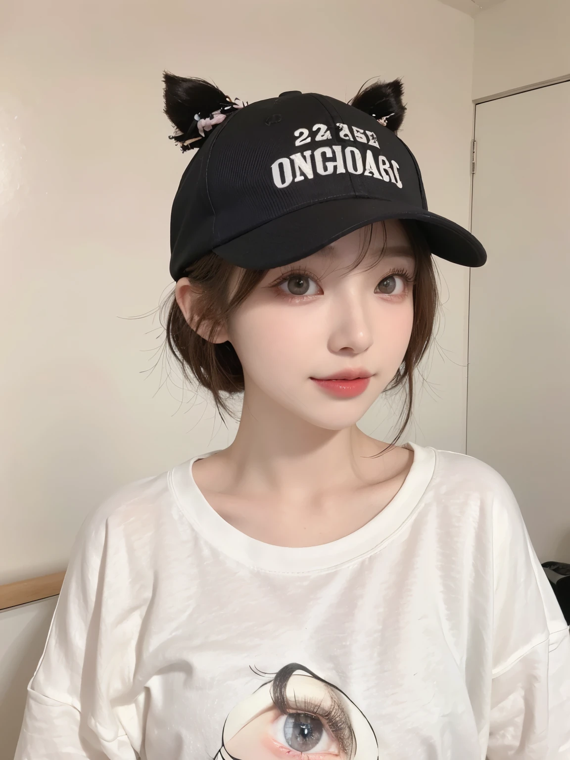 Best image quality、original photo、ultra high resolution、21 years old Korean、small breasts、dynamic angle、Cowboy shooting、The most beautiful form of chaos、elegant、Innovative design、bright colors、,light brown short hair、disheveled hair、light brown eyes 、black baseball cap(表情Smile)、short bob、Smile、Fair and shiny skin、beautiful eyes，random colors、The details are very beautiful、thin lips、细致beautiful eyes、elongated eyes、pale pink cheeks、long eyelashes、beautiful double eyelids、eye shadow、he、White big T-shirt sweatshirt、baggy pants、Shot from the side、sexy pose、enlarge
