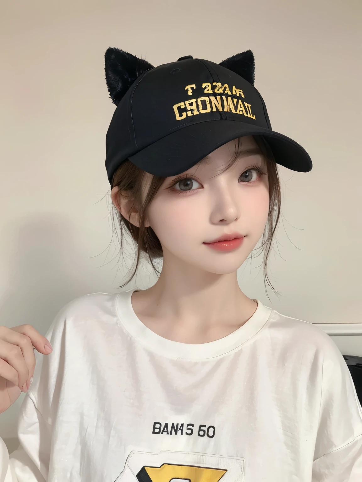 Best image quality、original photo、ultra high resolution、21 years old Korean、small breasts、dynamic angle、Cowboy shooting、The most beautiful form of chaos、elegant、Innovative design、bright colors、,light brown short hair、disheveled hair、light brown eyes 、black baseball cap(表情Smile)、short bob、Smile、Fair and shiny skin、beautiful eyes，random colors、The details are very beautiful、thin lips、细致beautiful eyes、elongated eyes、pale pink cheeks、long eyelashes、beautiful double eyelids、eye shadow、he、White big T-shirt sweatshirt、baggy pants、Shot from the side、sexy pose、enlarge