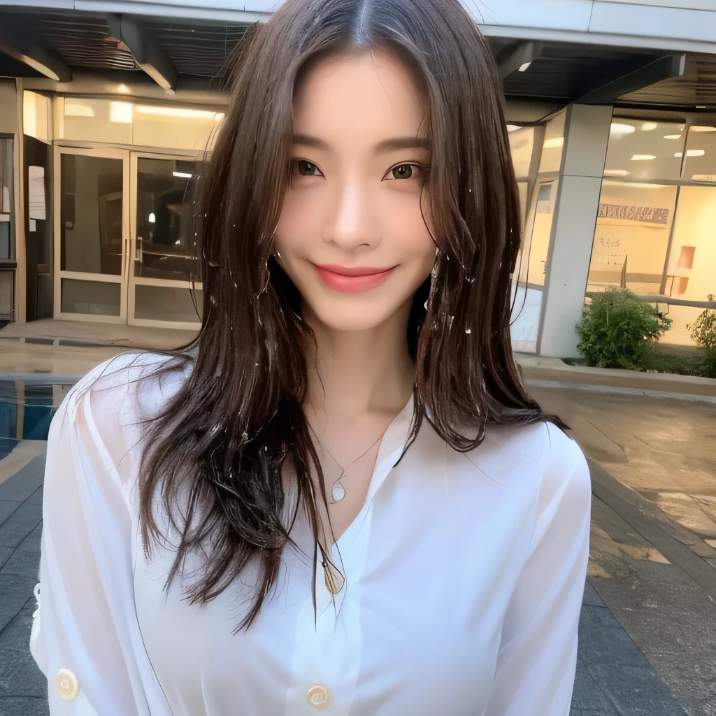 ((highest quality, 8k, masterpiece: 1.3)), sharp focus: 1.2, beautiful woman with perfect figure: 1.4, slim abs: 1.2, (layered hairstyles,: 1.2)), (wet white button long shirt: 1.3), rain: 1.3, street: 1.2, wet body: 1.1, Highly detailed face and skin texture, fine eyes, double eyelid, big breasts, smile,