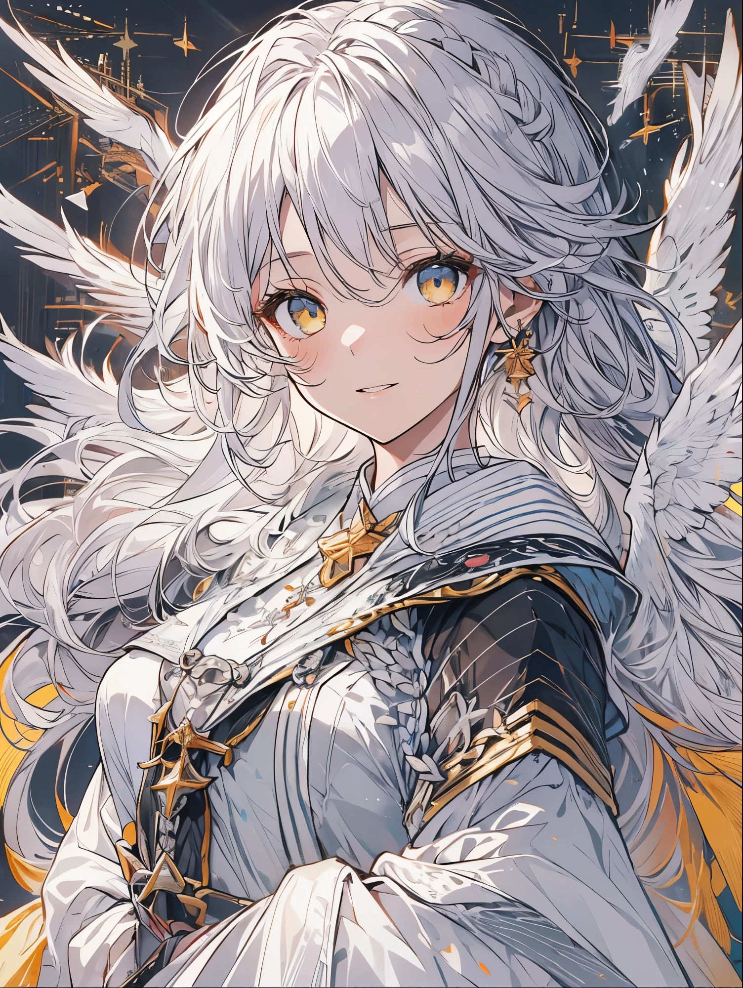 8K resolution, ((highest quality)), ((masterpiece)), ((super detailed)), (very delicate and beautiful), with a girl, solo, gentle expression, she is very(relax)with(Calm)Appearance,gray haired, Depth of the bounds written, bright smile, bright yellow eyes, bright white hair, beautiful background, Long Hair - Linear Art, black skirt, White uniform like a sailor suit, Angel, Angelの白い翼, White feathers fluttering, Eyes that shine like amber, upper eye, wonderful eyes, whole body