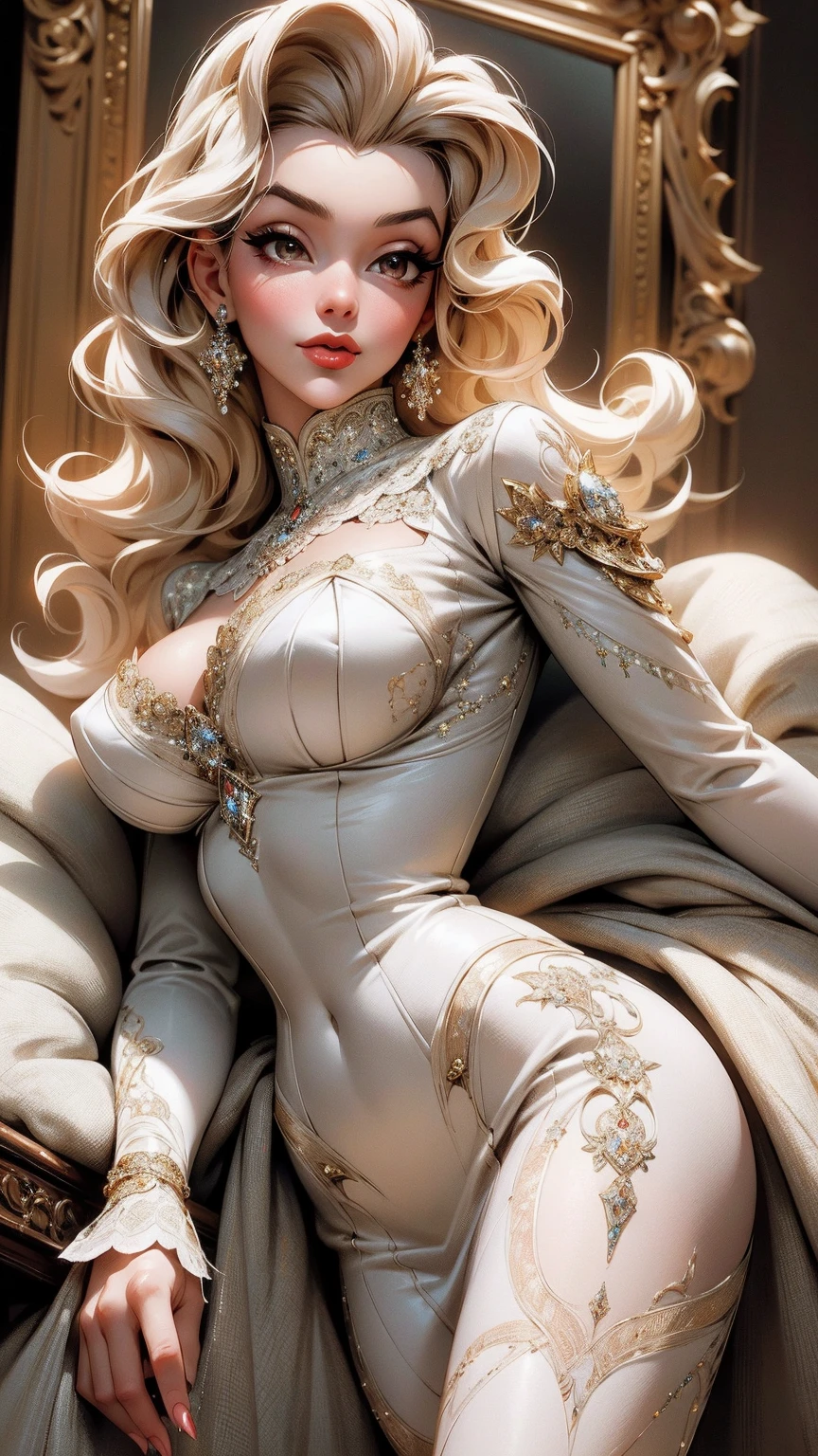 (Masterpiece - Ultra-Detailed, High Resolution) Prepare to be enchanted by a true masterpiece that combines ultra-detailed art with high-resolution rendering. This work shows a mesmerizing woman, with short, light blonde hair, 1950s style, Marilyn Monroe (1.3) and captivating brown eyes (1.2),(brown eyes) New York illustration style, wearing red lipstick, emanating an aura of elegance and mystery. Wearing victorian classic 1950s clothing. sexy. Intricate details and realistic textures invite you to explore every aspect of this enchanting composition. Transparent white dress. Walking, writing, lying down, standing, on your back, dynamic poses. Get ready to dive into a world where beauty and craftsmanship merge perfectly. Upper body