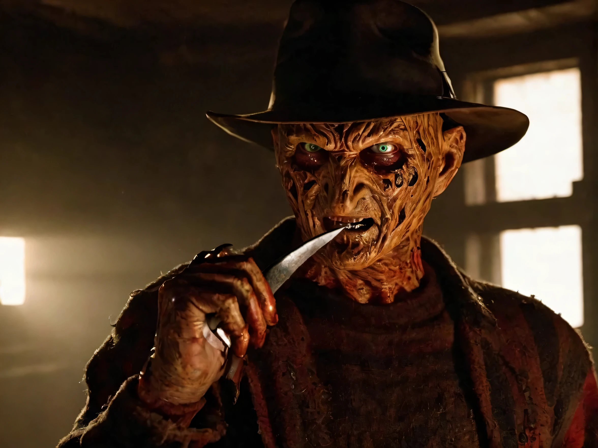 Describe a Freddy Krueger con su atuendo original., stalking a woman in a creepy abandoned factory. (Calidad premium, 8K, 32k, Obra maestra, nffsw:1.3), (Ultra High Definition), (fotorrealista:1.4), raw photography, ojos perfectos, figura perfecta, action pose:1.2, Super detailed and realistic lights.. Su sombrero de ala ancha proyecta una sombra siniestra sobre su rostro quemado y desfigurado., mientras las afiladas hojas de hierro en sus dedos brillan con una luz siniestra. The air is thick with tension and palpable fear....., mientras Freddy se para con una sonrisa malvada, Ready to stalk his next victim in the dark....