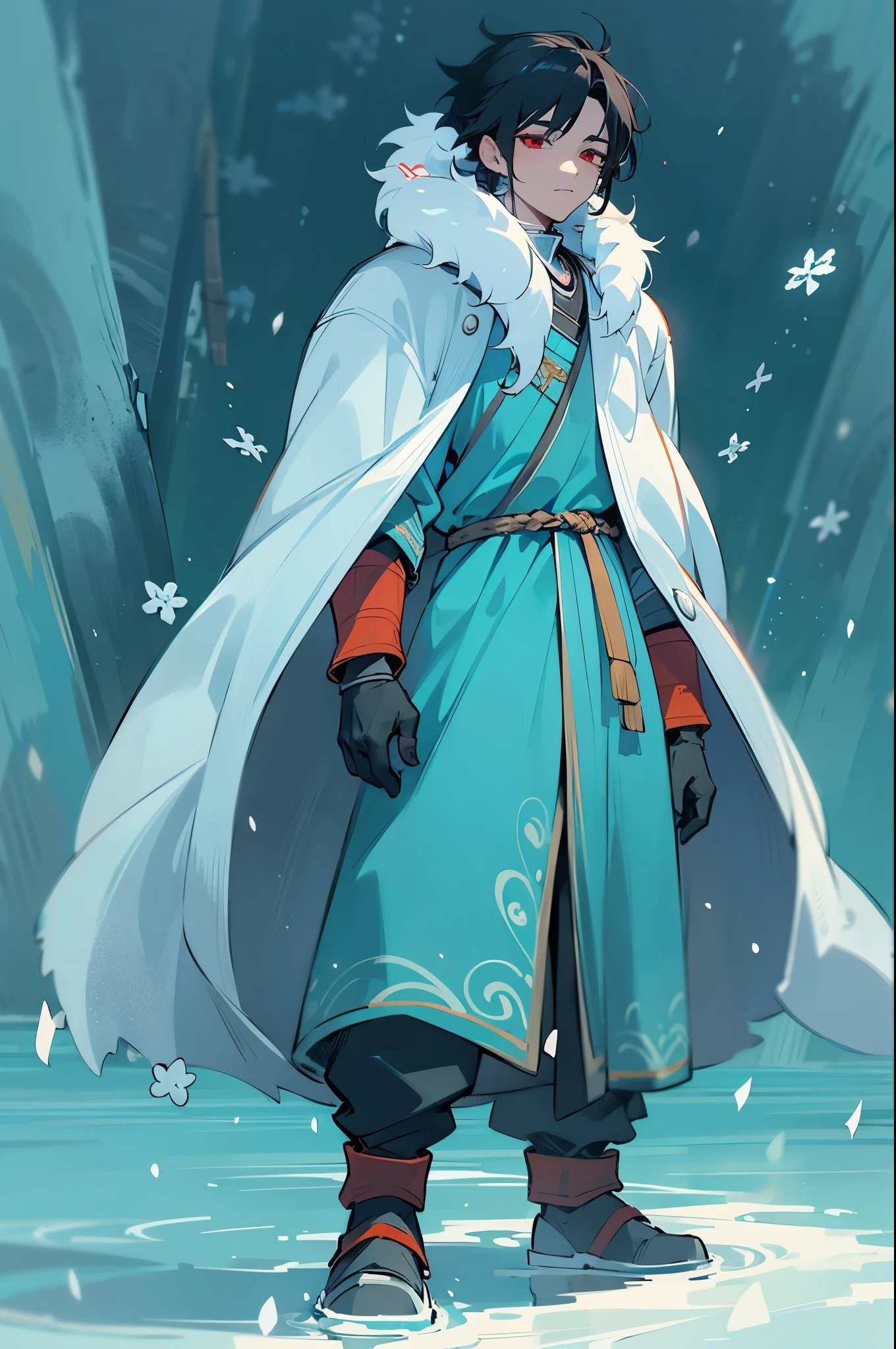 1male, Young Adult, Red Eyes, Black Hair, Short Hair, Messy Hair, Confident and Calm Expression, Blue Fur Coat With White Fur Trim, Hood, Tooth Necklace, Snow Wasteland, Mittens, Blue Robes, Walking On Path, Avatar The Last Airbender, Water Tribe Clothes