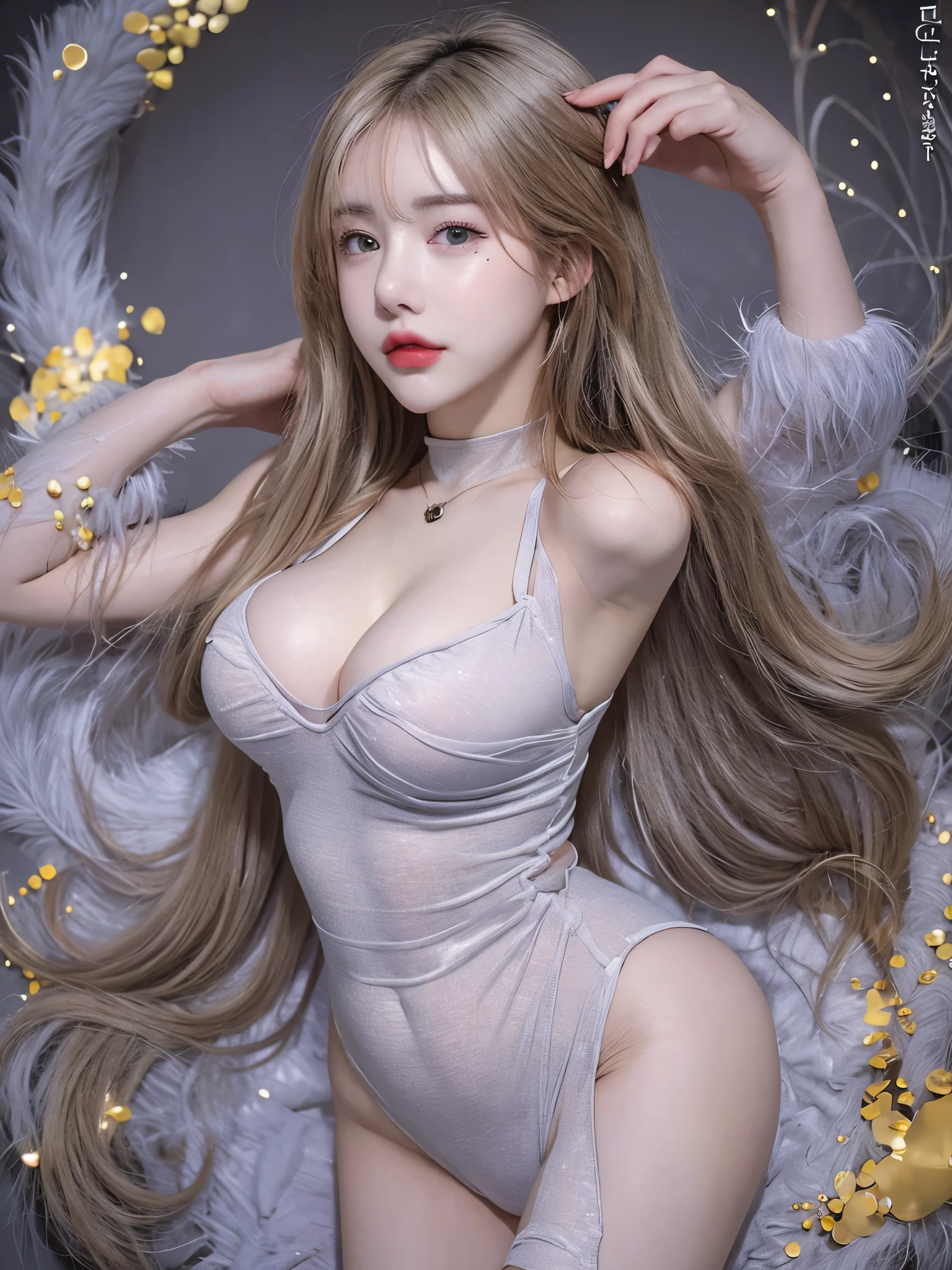 gray hair、long flowing hair、strong wind、purple eyes、shining eyes、体に張り付くtentacle、White latex suit、Mollusk girl、big breasts、Her face and chest are lively、I can see the cleavage。photo realistic、portfolio、Biotech Cyborg、Gothic Lolita details、tentacle、Details of biological components、bundle of tubules、Sea anemone、Nudibranch、Luminous tube、detailed neon、Fine LED、golden small parts, (8k, highest quality, masterpiece:1.2), (realistic, photorealistic, photo-realistic:1.37), super detailed,
detailed and beautiful eyes, beautifully detailed nose, highlight brown hair, blonde, mole under left eye, blue highlighted hair, big breasts, perfect body, perfect breasts, perfect abs, huge breasts,  (huge breasts :1.3),((side boob)),(belittle, put your hands behind your head, big breasts:1.3,
