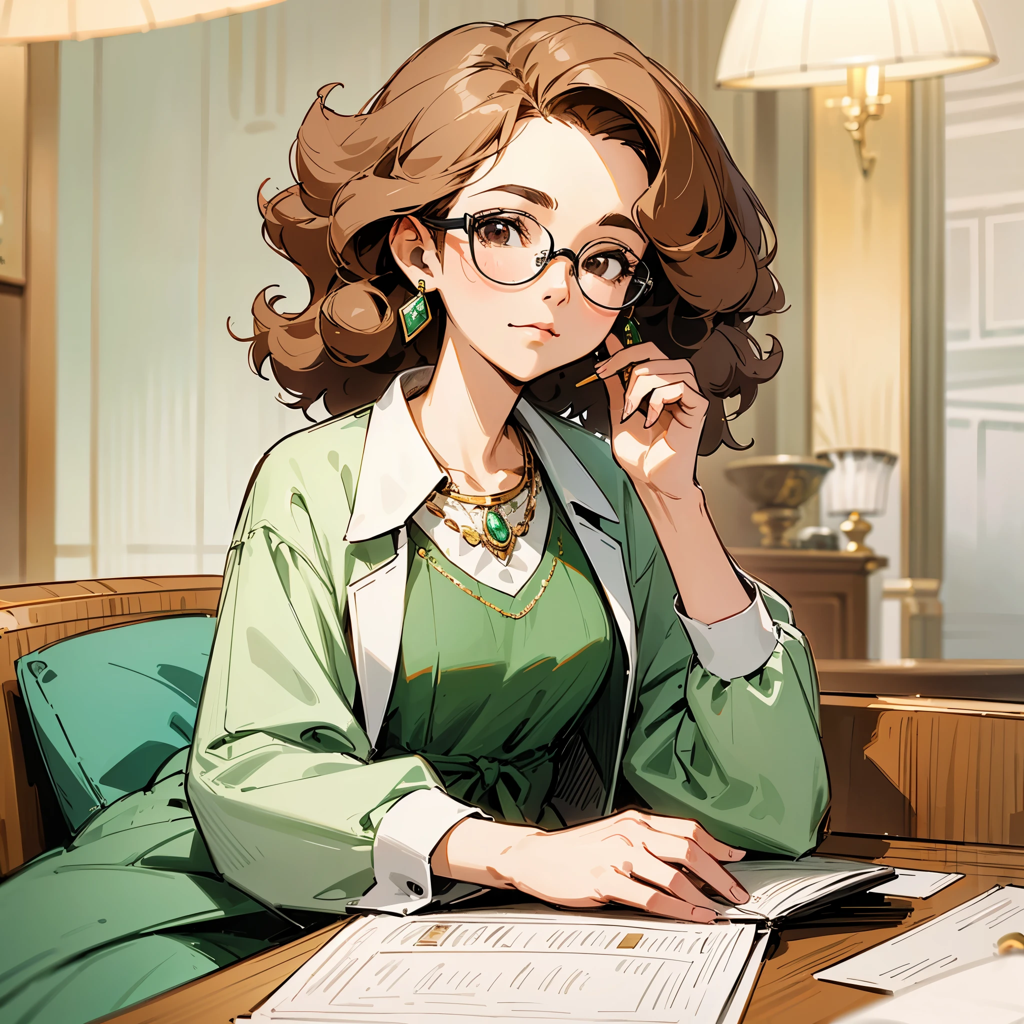 an old woman,she is a lawyer,brown hair,curls,professional attire,wear glasses,Wearing a light green dress,Dressed lavishly,Wearing a delicate little necklace around her neck,Sitting in a luxurious hotel lobby,drinking coffee,There is a document in front of you。illustration style,Marker sketch style,Sketch portraits of people,high-definition,4k。
