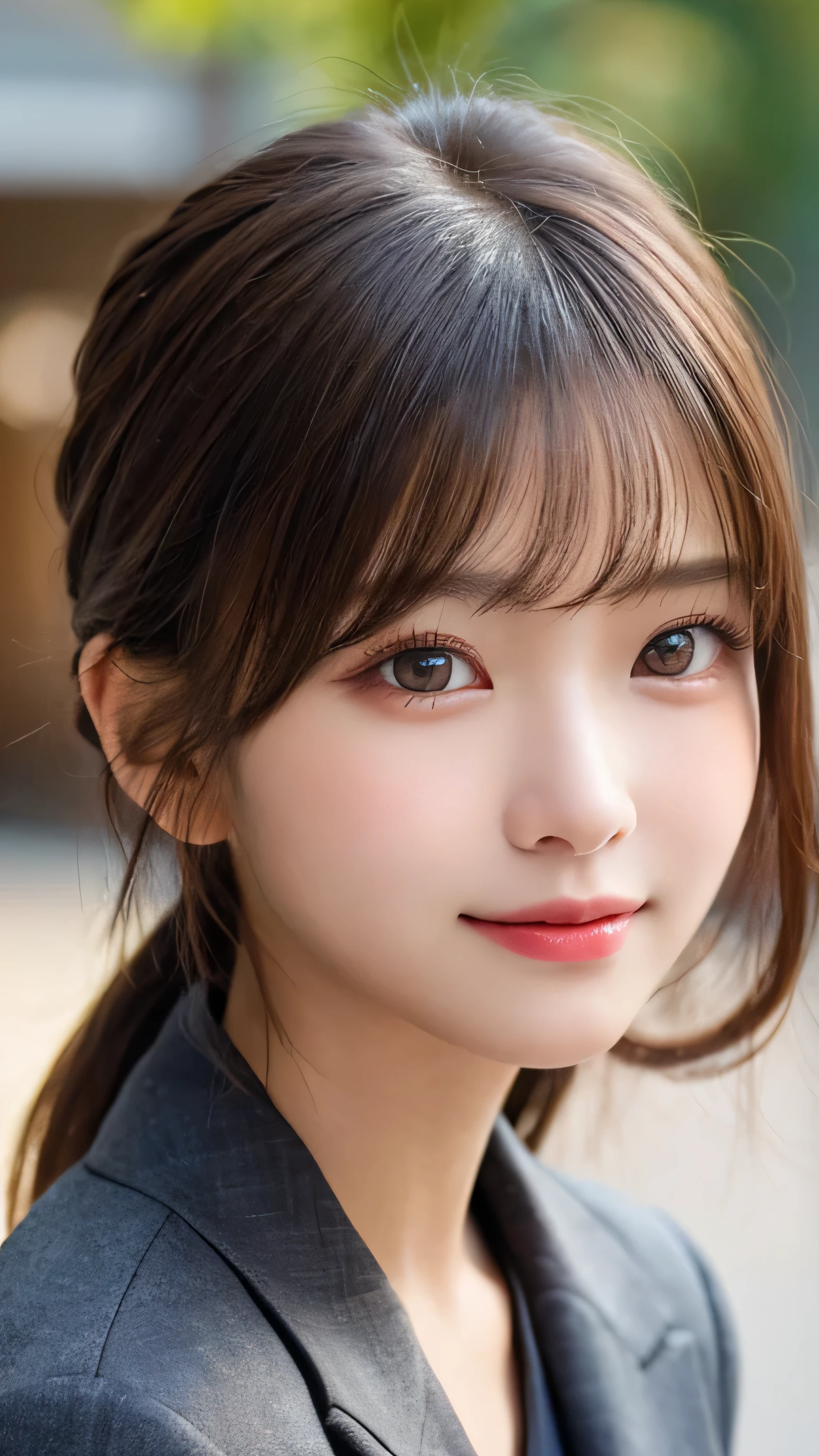 highest quality, shape, Super detailed, finely, High resolution, 8k wallpaper, 完璧なダイナミックな構shape, beautiful and detailed eyes, medium hair, small breasts, natural color lip,Body facing towards the camera,A firm expression that is full of your personality,smile,20 year old girl、beautiful and detailed face、perfect and beautiful face,Big eyes、RAW photo、beautiful and detailed eyes、small face、beautiful duplex、slim face and style,Black jacket suit、beautiful golden ratio face,ponytail hair