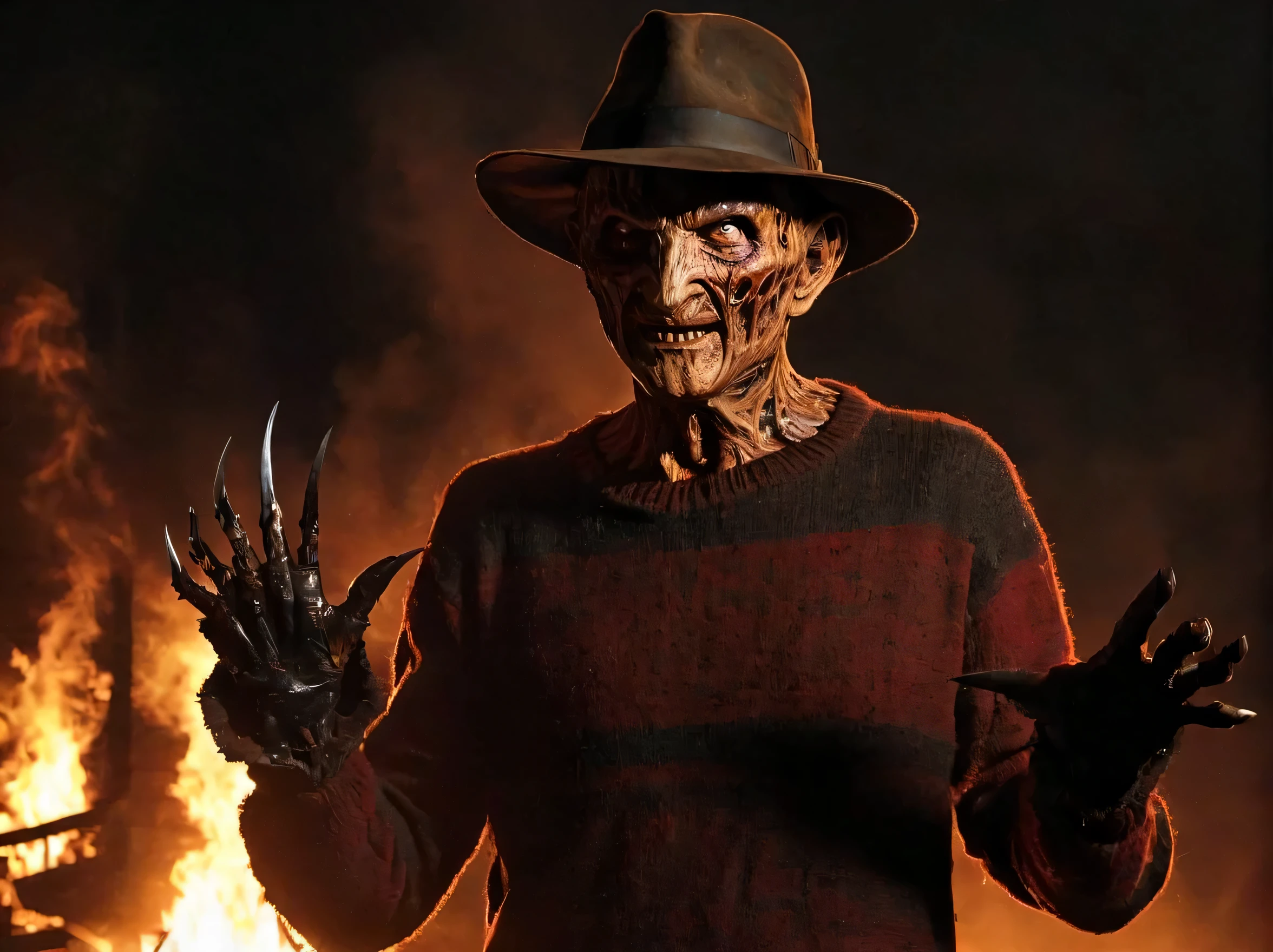 Describe a Freddy Krueger con su atuendo original., (con sus guantes de afeitar en sus cinco dedos, stalking a woman in a creepy abandoned factory. (Calidad premium, 8K, 32k, Obra maestra, nffsw:1.3), (Ultra High Definition) , (fotorrealista:1.4), raw photography, ojos perfectos, figura perfecta, action pose:1.2, Super detailed and realistic lights. Su sombrero de ala ancha proyecta una sombra siniestra sobre su rostro quemado y desfigurado., mientras las afiladas hojas los dedos de hierro de sus dedos brillan con una luz siniestra. The air is thick with tension and palpable fear....., mientras Freddy se queda con una sonrisa malvada, Ready to stalk his next victim in the dark....