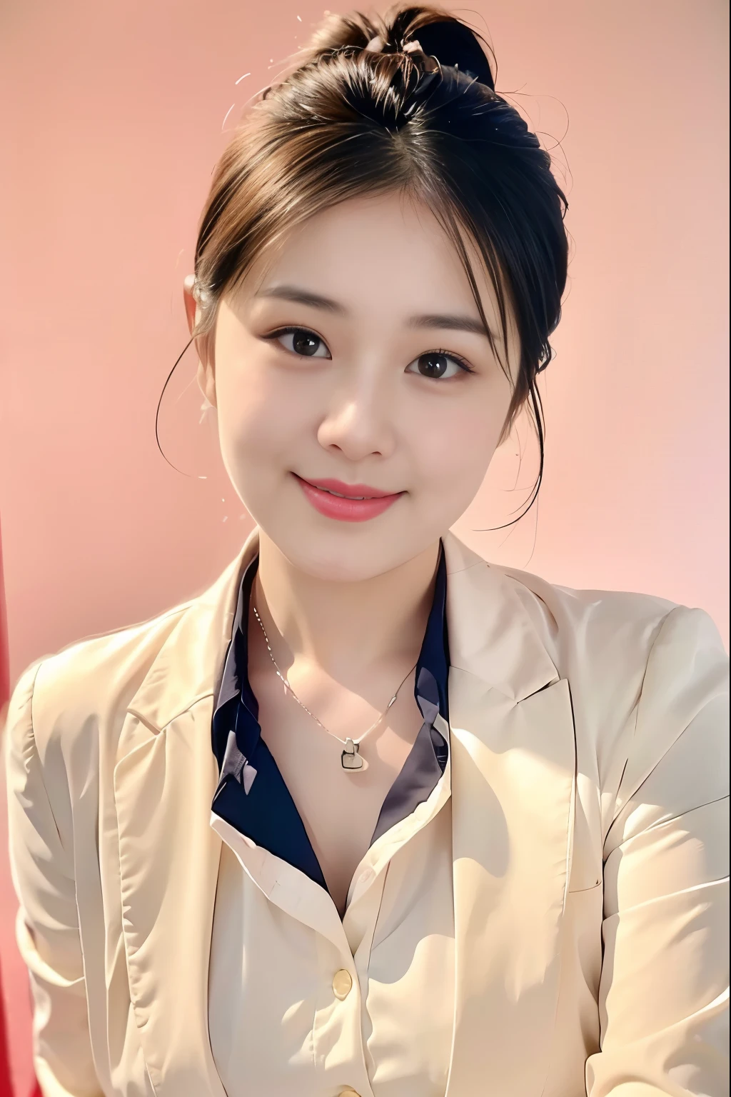 best quality,masterpiece,ultra high resolution,(lifelike:1.4),,Became a god at the age of 34,Chubby,charming smile,Short hair tied up,Face is clear and delicate,(face close-up),((Half-length photo)),wearing white suit,red bow tie,The background is a solid color,Soft pink background,masterpiece,light