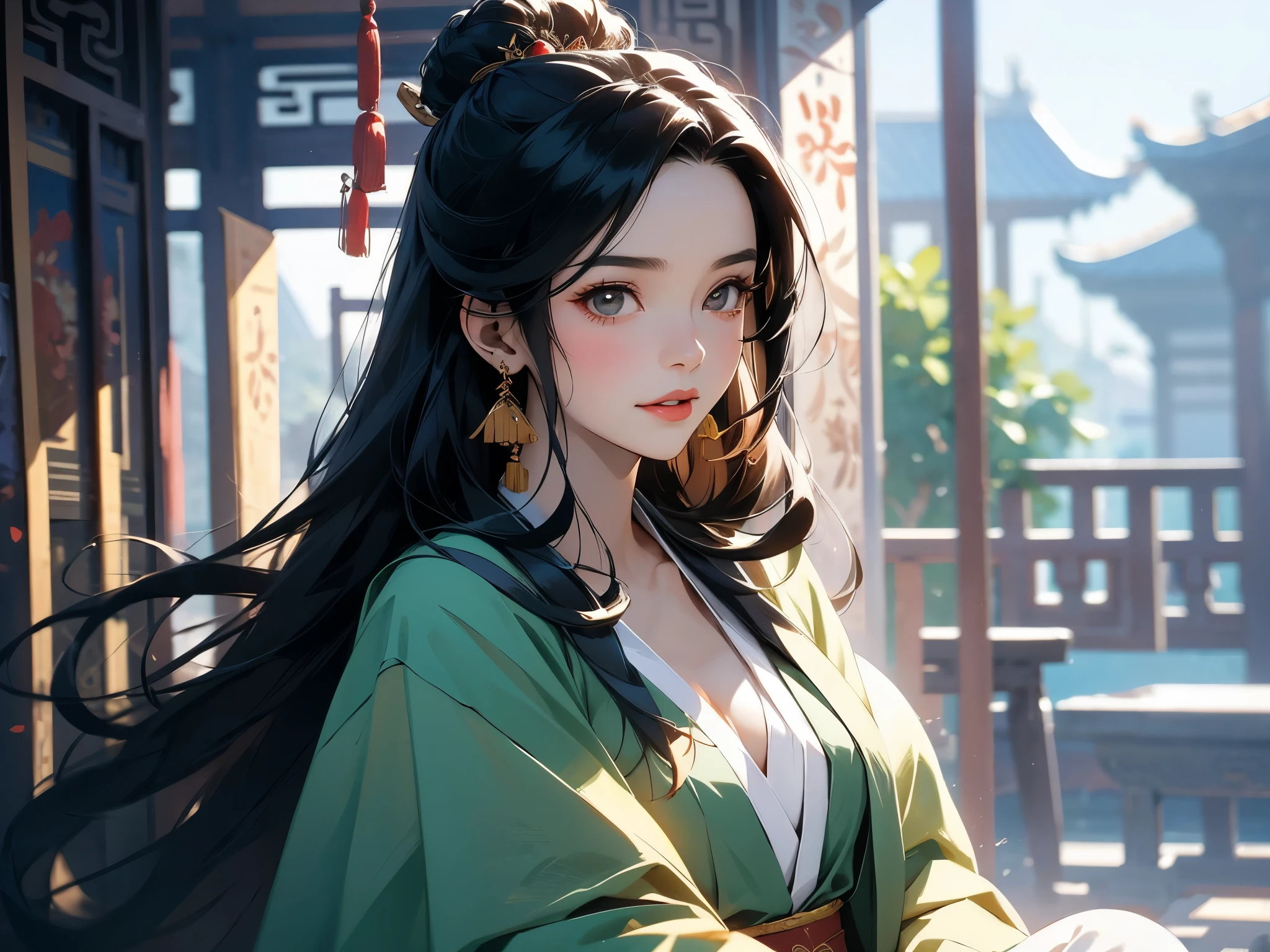1womanl,16 yaers old,cabelos preto e longos,Nice face,Pale green hanfu,Squat by the lake,Look at the smile,closeup cleavage,