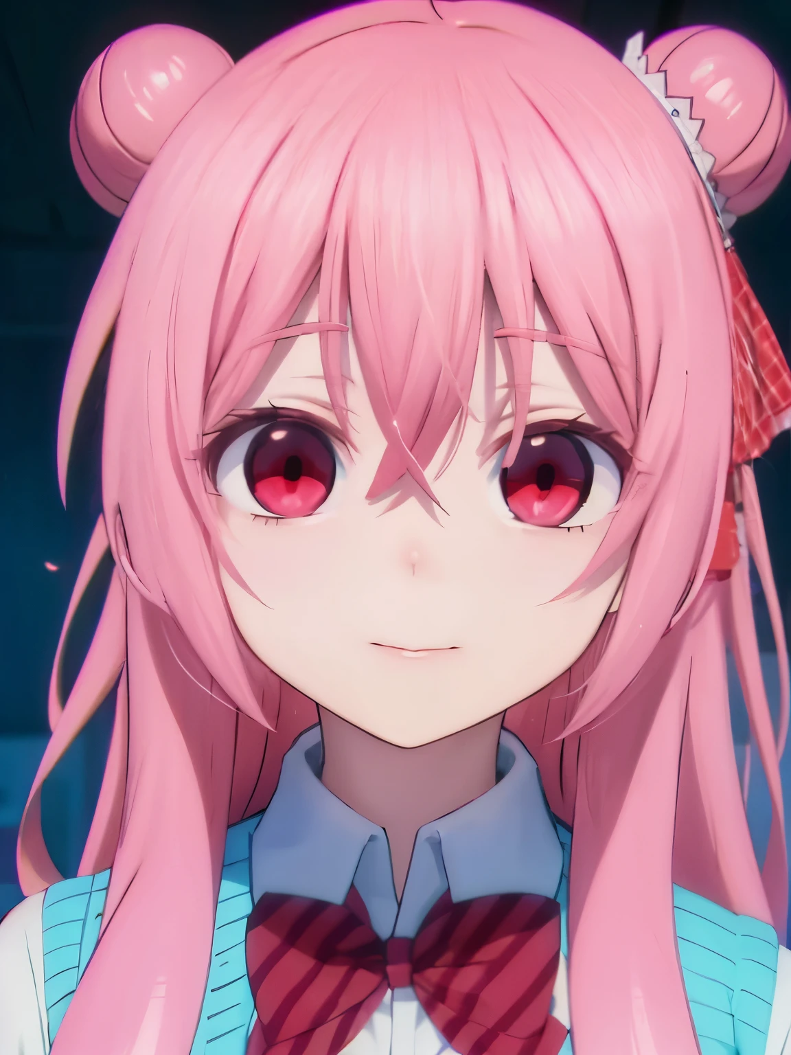 Red eyes, pink hair, creepy, evil, kuudere, no expression, glowing eyes, short, close up, long hair, school uniform, yandere, scary, disturbing, straight face, glowing eyes, red particles, special effects, madness, crazy, insane