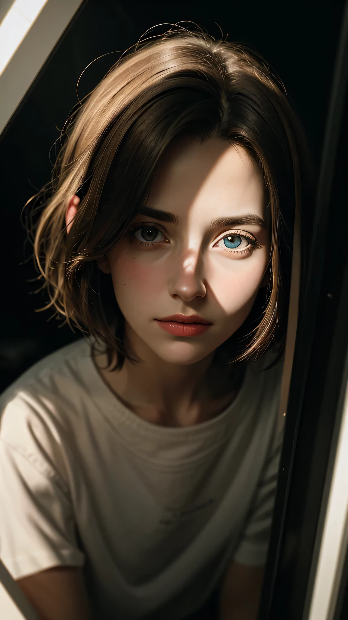 An intriguing portrait of a beautiful girl with casual outfit and short hair, emerges from the depths of shadow and light, using film camera, where the subject's piercing gaze captivates the viewer, hinting at untold stories and unspoken emotions. With each contour of the face delicately highlighted by the play of chiaroscuro, the portrait exudes an enigmatic allure, inviting exploration into the depths of the human experience.