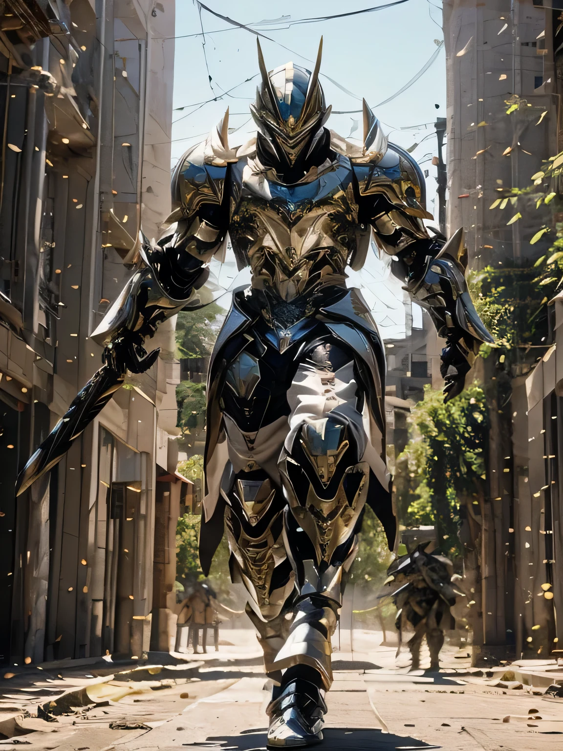 future times, human male with heavy armor from head to toe, holding a massive long swords and large shield, charging toward enemy with his shield in front covering his body from attack, charging running pose. ruin of past battle echoes surround him