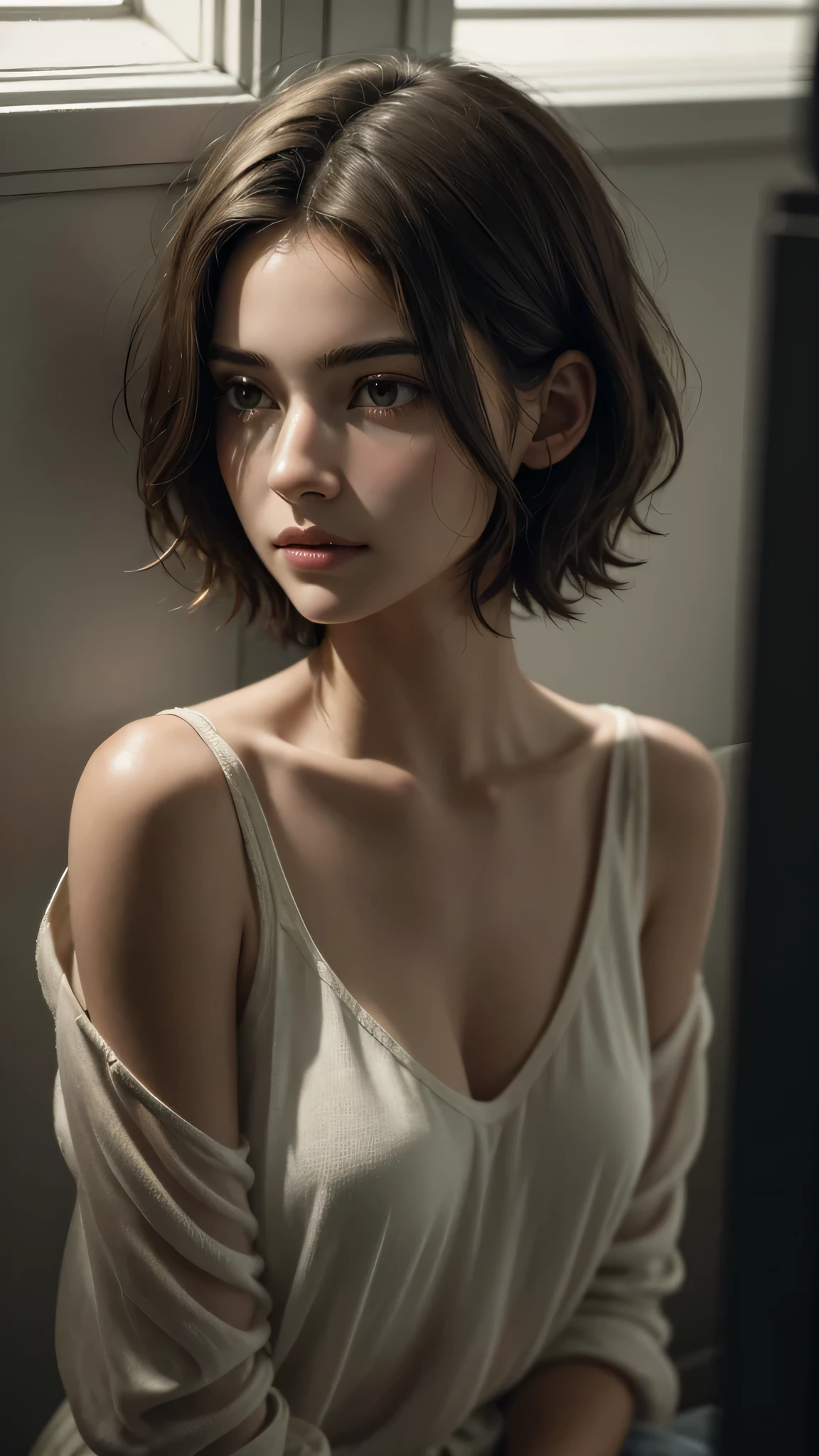 An intriguing professional close-up portrait of a beautiful girl with casual outfit and short hair, emerges from the depths of shadow and light, using film camera, where the subject's piercing gaze captivates the viewer, hinting at untold stories and unspoken emotions. With each contour of the face delicately highlighted by the play of chiaroscuro, the portrait exudes an enigmatic allure, inviting exploration into the depths of the human experience.