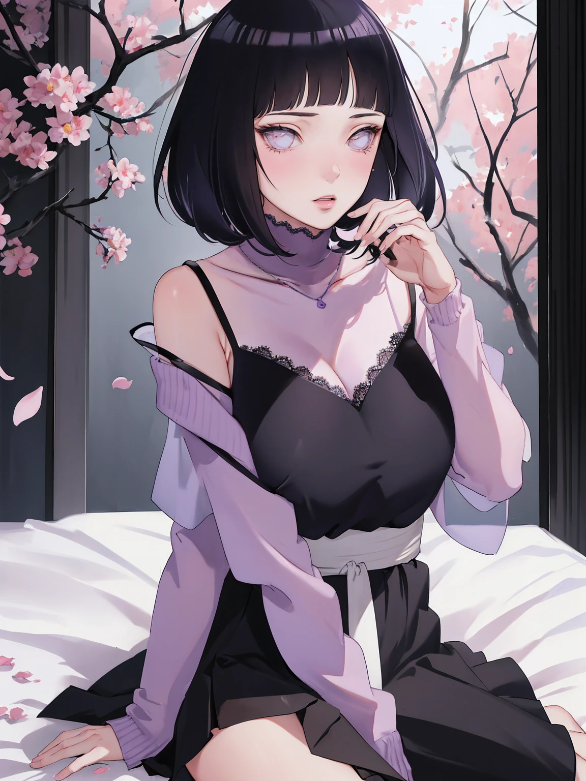 { - anatomy error} (Masterpiece - Ultra-detailed, very high resolution) (huge titusty, masterpiece, absurdres, hinata\(boruto\), 1girl, solo,mature female, off-shoulder bra, high waist black short skirt, looking at viewelling petals), perfect composition, detailed lips, big breast, beautiful face, body propotion, blush, (pink lips), short hair, (black hair), purple eyes, soft gaze, super realistic, detailed, photoshoot, realistic face and body, closed mouth, sitting on the bed , lilac eyes, full body, lace clothes, with chin resting on shoulder, perfect fingers