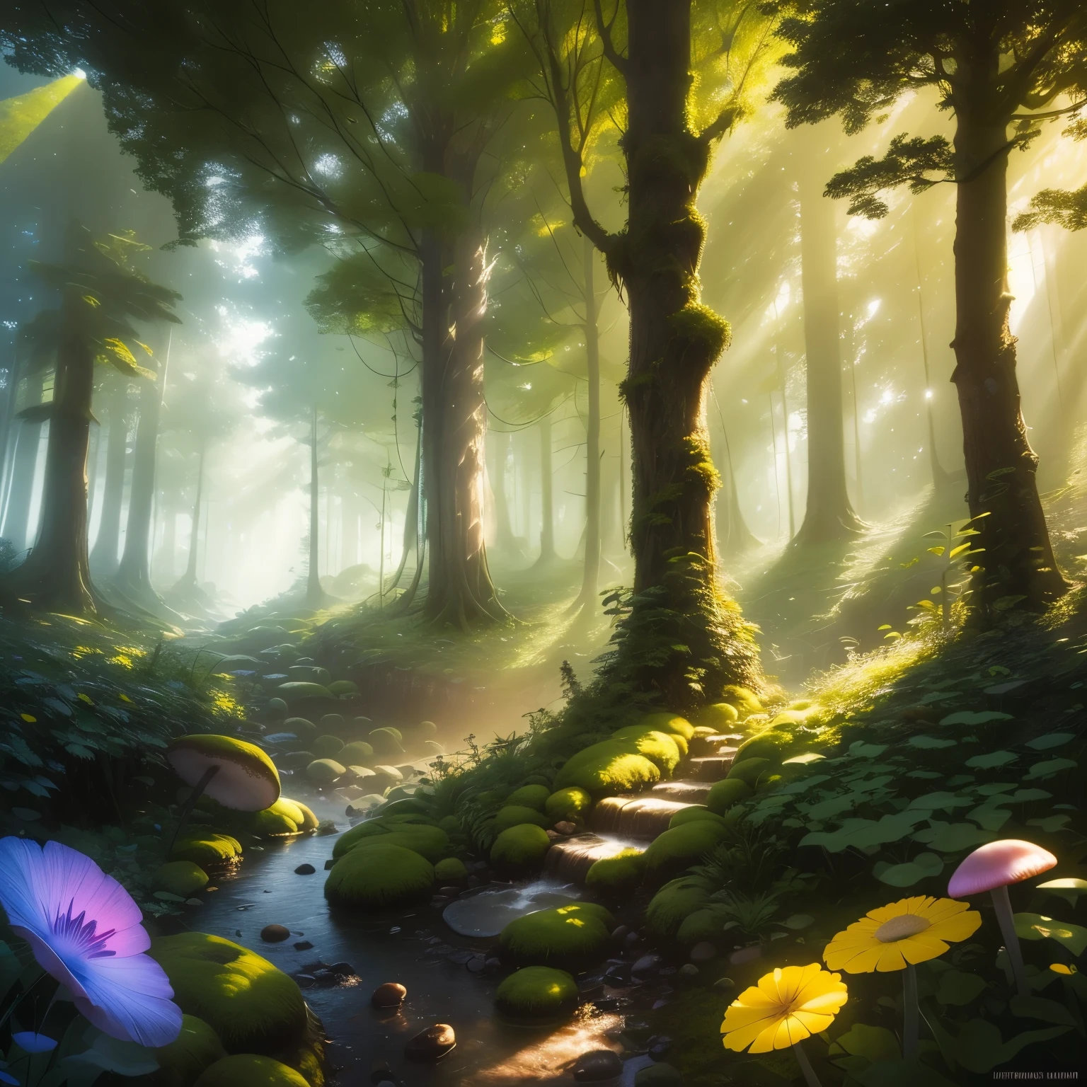 (Tyndall effect),A cave filled with glowing exotic plants, Create a dreamy and colorful atmosphere. sunlight shining through，Casts a golden light on the ground，The plants emit Energetic hues of purple, blue, and green, Create a charming glow，lighting up the environment around him. The cave is filled with beautiful mushrooms of all shapes and sizes, Adds to the charming atmosphere. when you explore the cave, You notice the fireflies flickering softly, Their tiny bodies emit a soft, delicate light. They danced in the air, Add magic to the scene. in the center of the cave, You find a playful leprechaun sitting on a large mushroom, His mischievous eyes sparkled with joy. The cave is bathed in warm and Energetic colors, Gives an otherworldly and ethereal feel. 光影的变化给周围环境增添了mystery感, Invite you into this fascinating world. The Energetic colors and intricate details make the scene come to life, Take you into a whimsical realm. (best quality, detailed, 4k, high resolution:1.2), ultra-detailed, (actual, photoactual:1.37) mystery, Energetic, and charming, This artwork captures the essence of the magical cave. rich colors, intricate details, The charming atmosphere makes it a masterpiece worth exploring.(Tyndall effect:1.5)