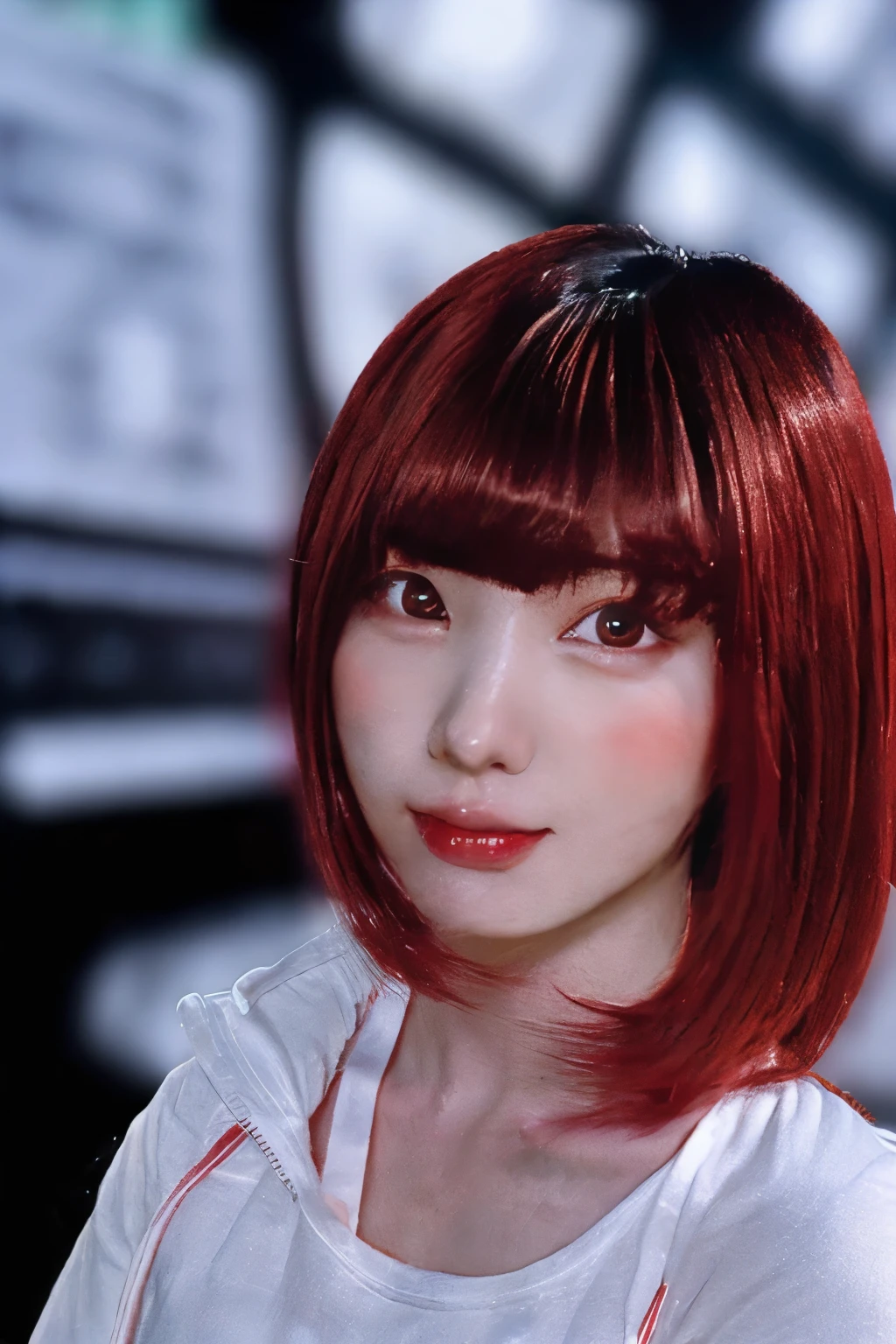 1japanesegirl star eye, blush, perfect illumination, red hair, red eyes, unreal engine, sidelighting, detailed face, bangs, bright skin, simple background, dark background, has a sekki letters in the background 