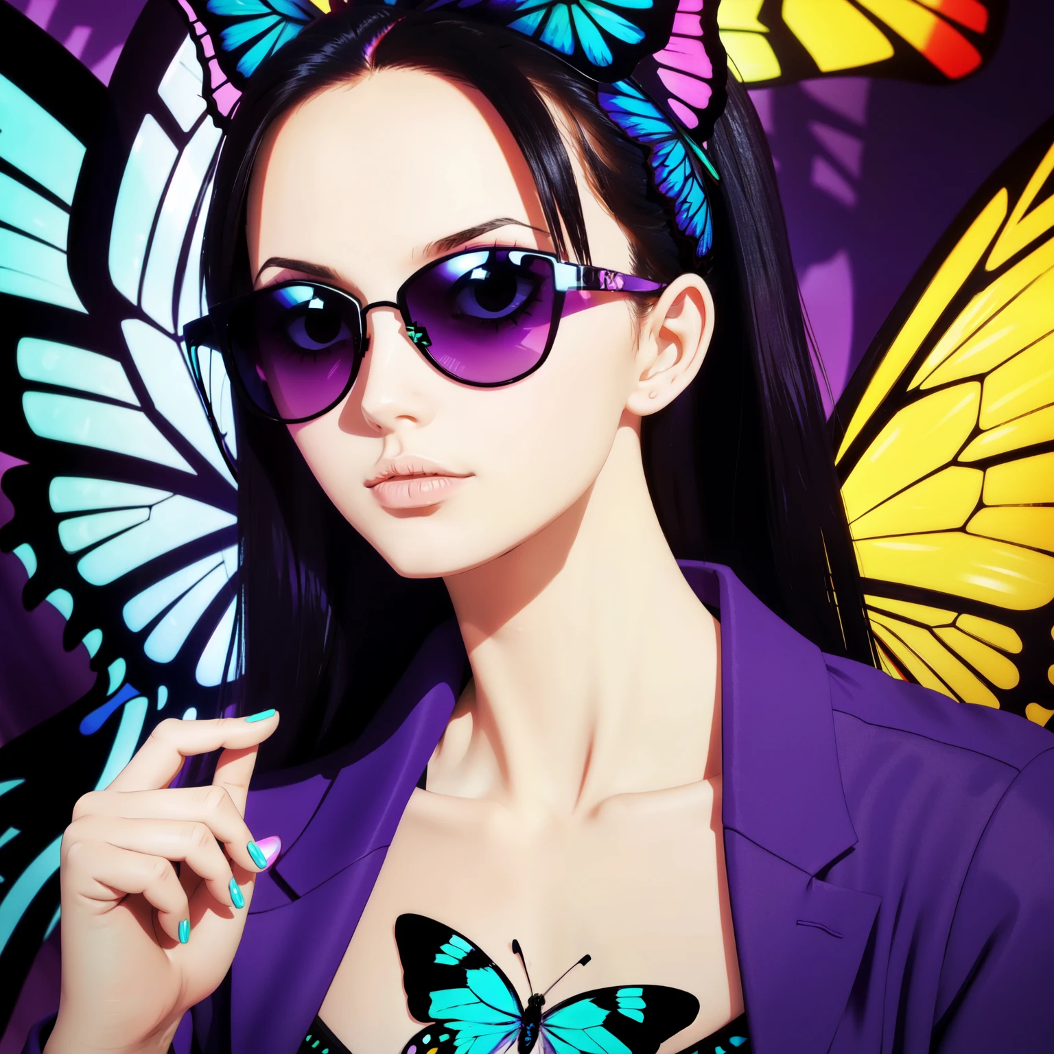 french girl with insanely creatively unique butterfly style, wearing colorful neon sunglasses, cool pose with finger pose, cool background