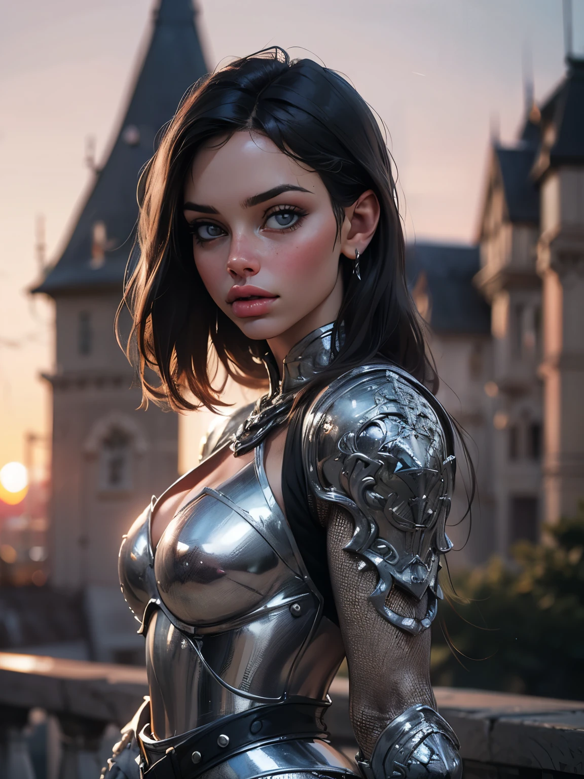 (masterpiece), (extremely intricate:1.3), (realistic), portrait of a girl, the most beautiful in the world, (medieval armor), metal reflections, upper body, outdoors, intense sunlight, far away castle, professional photograph of a stunning woman detailed, sharp focus, dramatic, award winning, cinematic lighting, octane render  unreal engine,  volumetrics dtx, (film grain, blurry background, blurry foreground, bokeh, depth of field, sunset, motion blur:1.3), chainmail