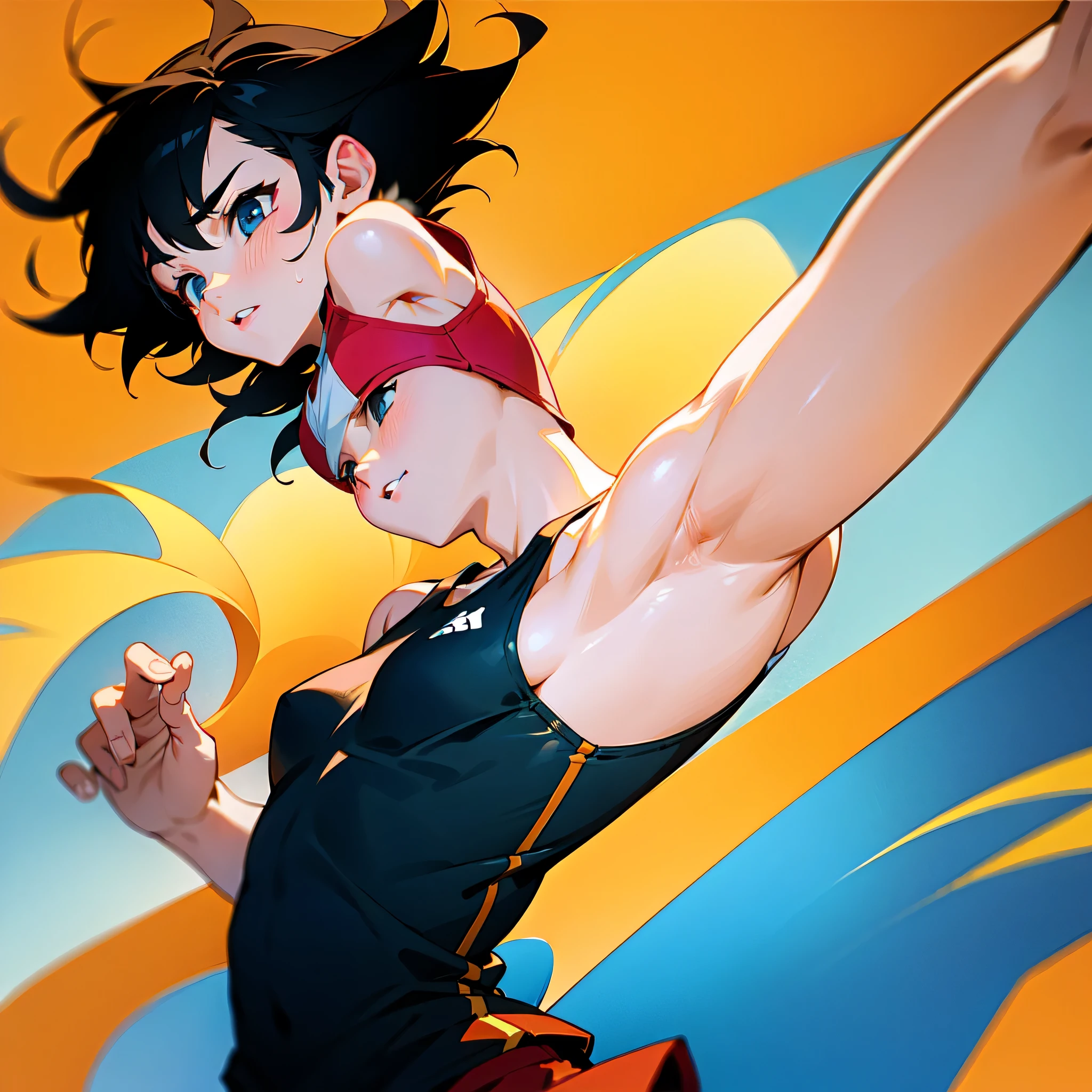 Browsing Caution、With the highest quality、Teenage girl standing on beach。High resolution、Beautiful details、Quiet atmosphere。Black hair ponytail、Cute Smile.。Small breasts、Cute floral one-piece swimsuit、Spread your legs、Angle from below