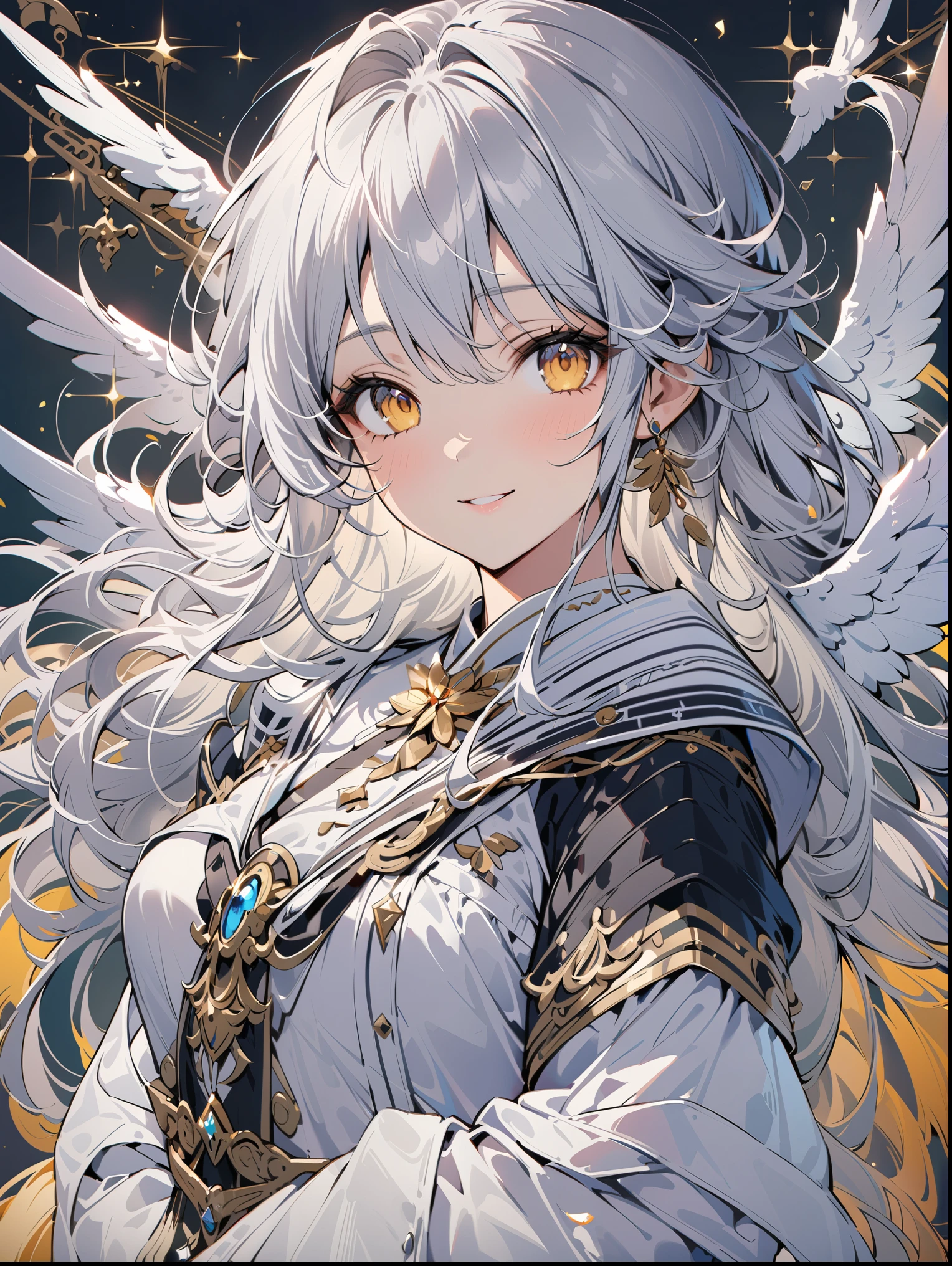 8K resolution, ((highest quality)), ((masterpiece)), ((Super detailed)), (andても繊細で美しい), and a girl, alone, gentle expression, 彼女はandても(relax)and(Calm)exterior,gray haired, written boundary depth, bright smile, bright yellow eyes, bright white hair, beautiful background, Long Hair - Linear Art, black skirt, White uniform like a sailor suit, Angel, Angelの白い翼, White feathers flutter, Eyes that shine like amber, upper grade, wonderful eyes, whole body