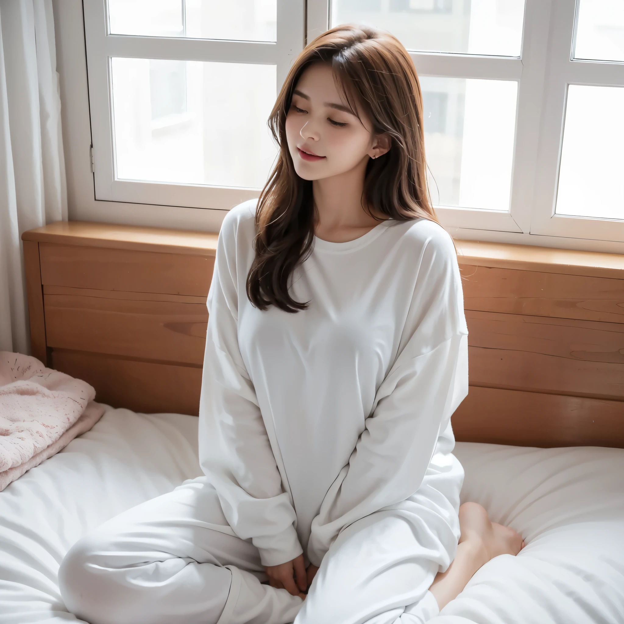 20 year old girl, beautiful girl,big breast, girl sitting on a bed, teddy bear on bed,teddy bear in bedroom, teddy bear with her,girl hold the teddy bear, earing white shirt pant night dress, windows side bed,winter morning, morning time, sitting on a bed, sitting on the bed, girl, lying in bed, she expressing joy, someone sits in bed, yawning, sitting in bedroom