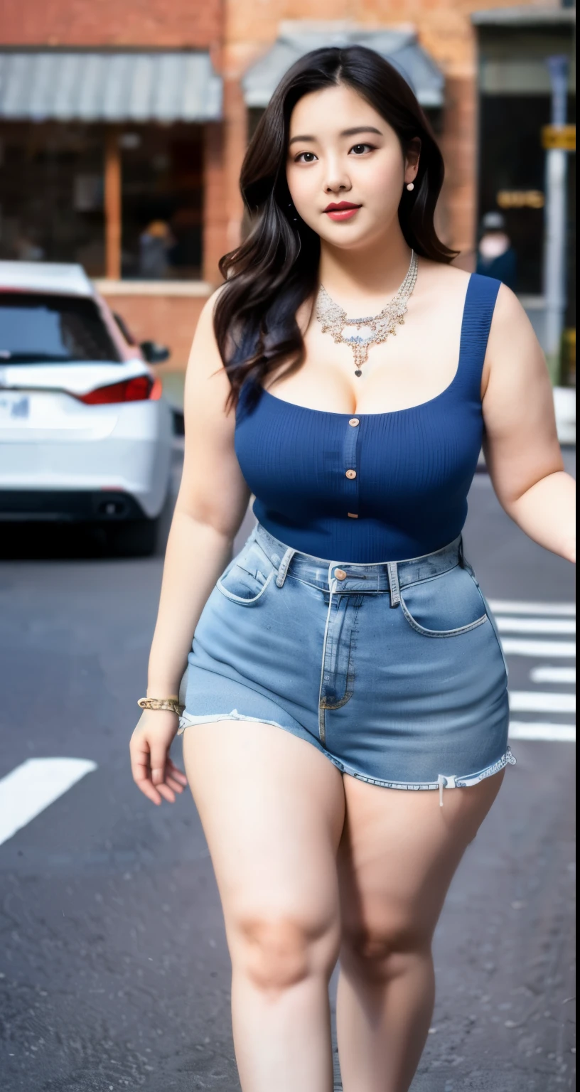 ((best quality)), ((masterpiece)), (detailed), perfect face, araffe woman in a long dark-blue shirt and blue denim skirt walking down a street, thicc, wavy short hair , she has a jiggly fat round belly, bbwchan, wearing tight simple clothes, skinny waist and thick hips, widest hips, her belly is fat and round, soft curvy shape, hyperrealistic full figure, wearing a cute top, wide hips, wearing 10 bracelet , wearing huge diamond necklace
