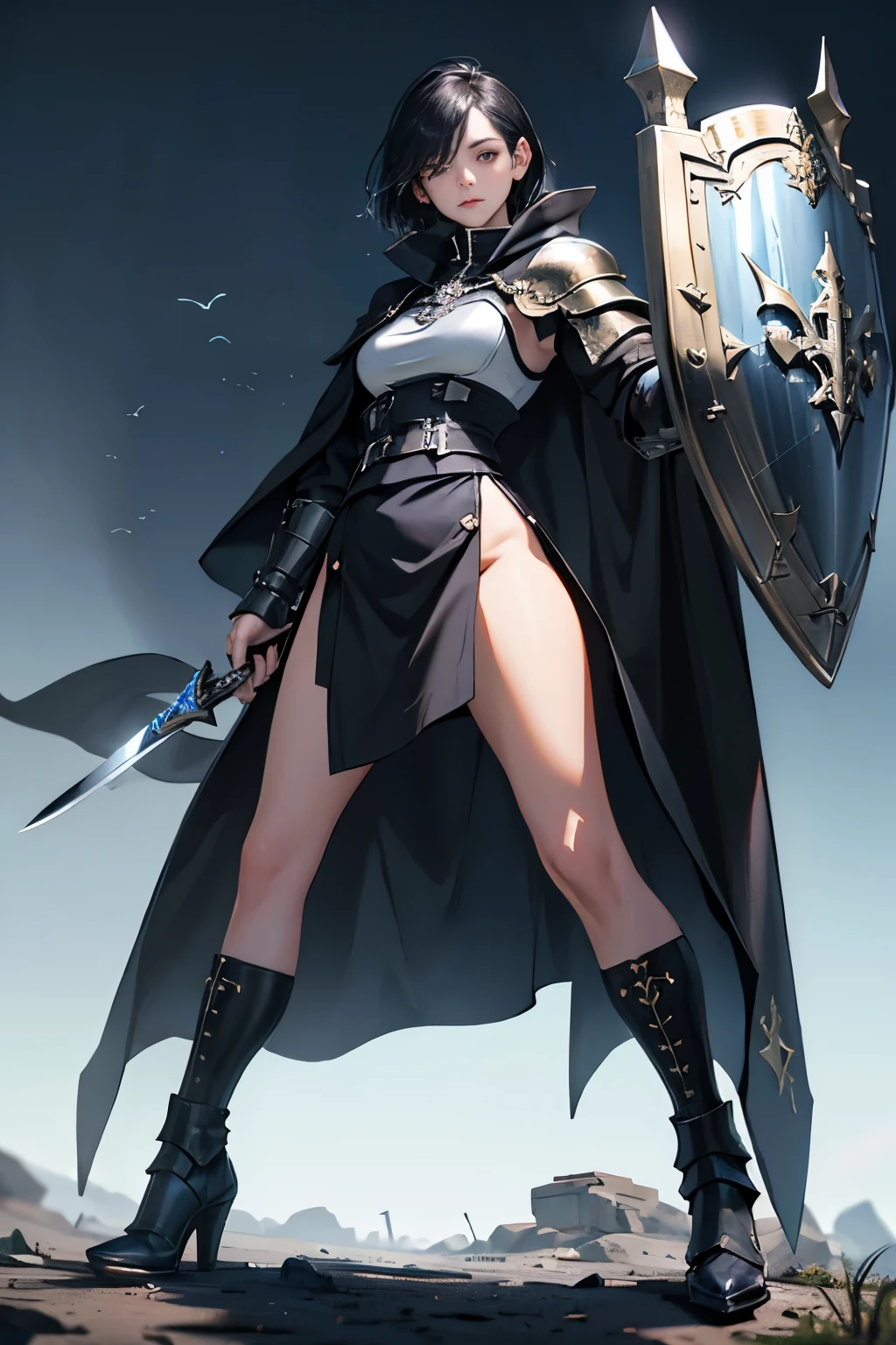 (((((middle age woman))))), masterpiece, ultra detailed, 8k portrait, RAW photo, portrait photography, highly detailed face, ((Fantasy)), 1 woman, (((female knight))), (((spread legs dynamic standing pose))), 33 years old, (((((tall))))), (((small eyes))), glasses, (((straight black bob hair))), ((hair over one eye)), (((white skin color))), (((navy blue heavy armor and see-through medium skirt))), (((black long cloak))) fluttering in the wind, (((high cut iron shoes))), (((equip a long sword and very large shield))), Midday Sun, hyper realistic, Body model, Small breasts, Beautiful breasts, (big butt), (thick thighs), Long legs, in the medieval adventurer's guild, Ambient lighting, Shadow details , Camera focus on face, strong breeze, Light fog