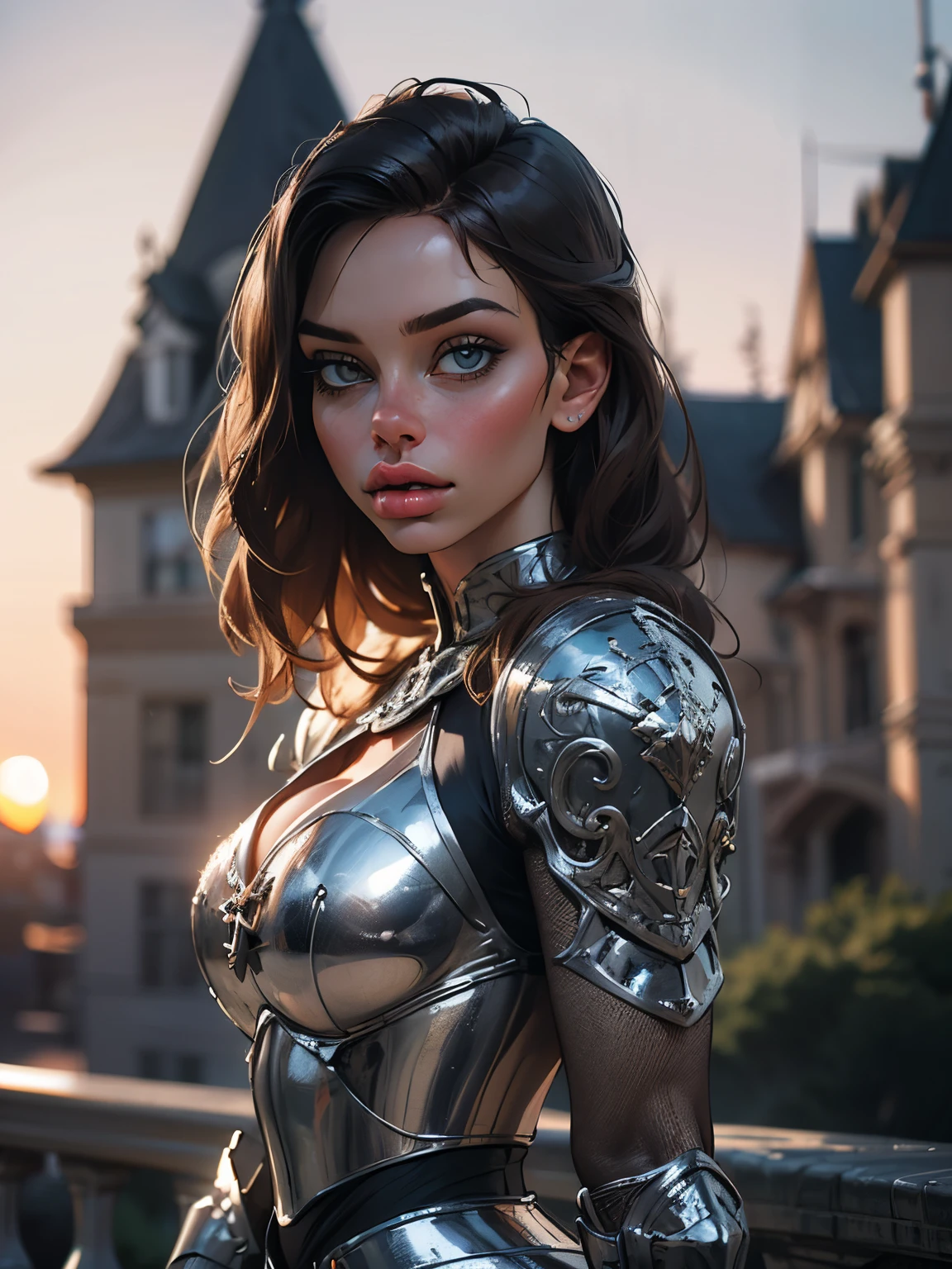 (masterpiece), (extremely intricate:1.3), (realistic), portrait of a girl, the most beautiful in the world, (medieval armor), metal reflections, upper body, outdoors, intense sunlight, far away castle, professional photograph of a stunning woman detailed, (sharp lines), (full lips), (gigantic breasts), sharp focus, dramatic, award winning, cinematic lighting, octane render  unreal engine,  volumetrics dtx, (film grain, blurry background, blurry foreground, bokeh, depth of field, sunset, motion blur:1.3), chainmail