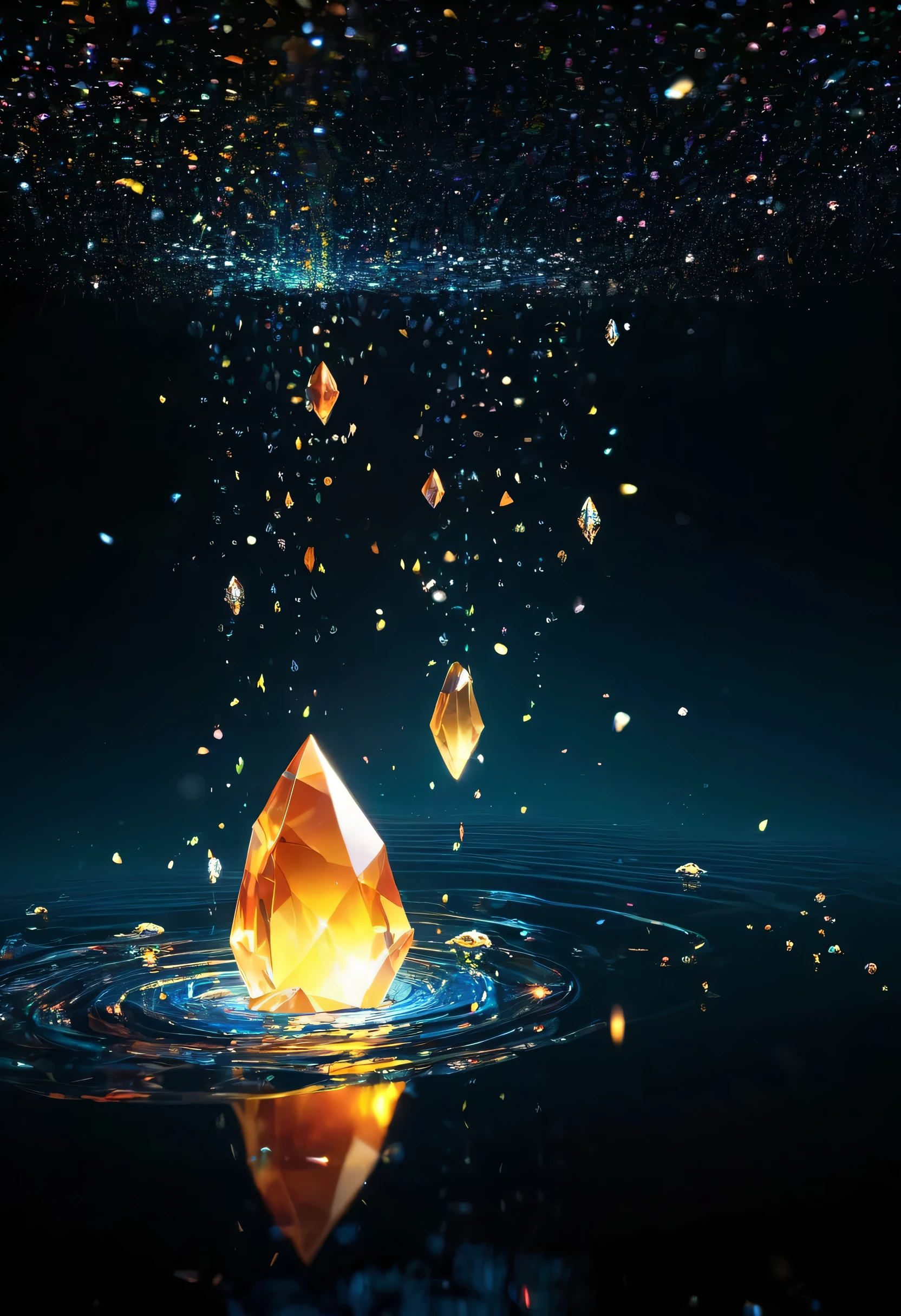 crystallization、concept art 、black background、reflection on water surface、flying particles of light