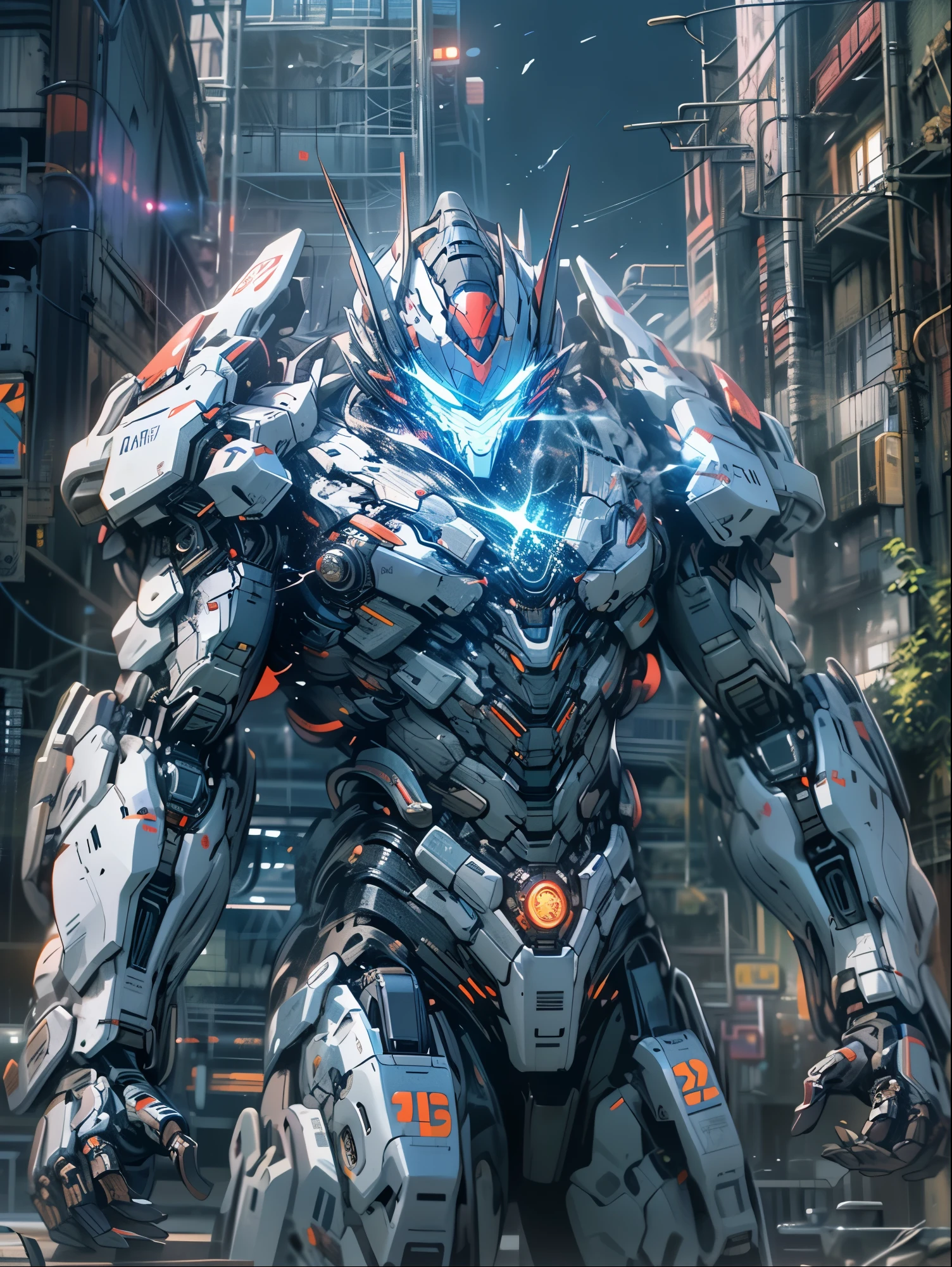 8K resolution, (((masterpiece))), (((highest quality))), (((super detailed))), ((very delicate)), Giant Mechs, cool, stylish, Hero, special effects, Ultraman, Blue armor, Eyes glow silver, urban area, destroyed city, whole body, dynamic, pull composition