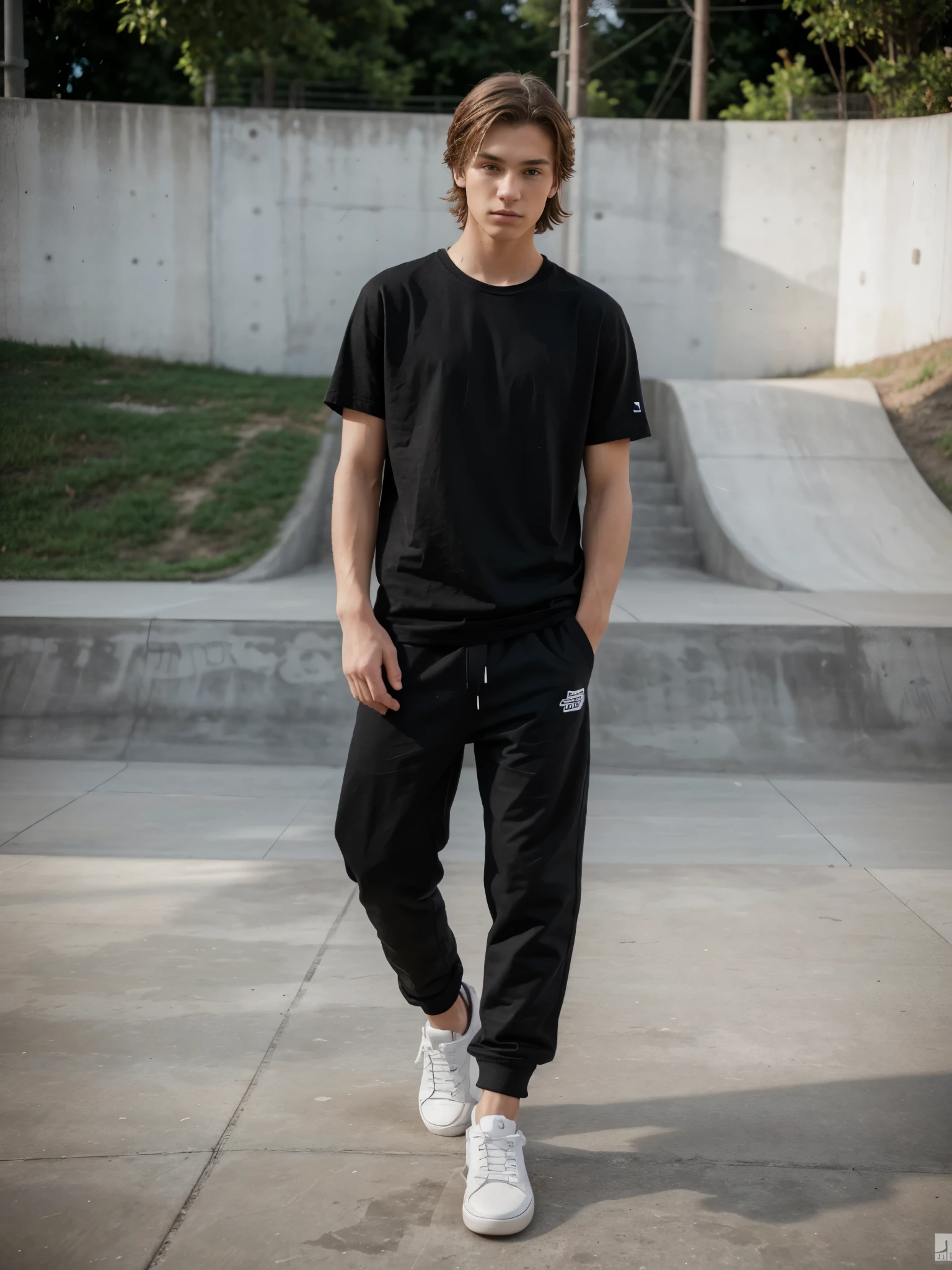 Stunning HD 35mm resolution RAW photo of a young model and 21 year old Russian professional skateboarder, featuring perfect composition. He looked casual in a plain black t-shirt, shorts and low-top slip-on sneakers. Taken in sharp focus with a front view, this model exudes cool with its smooth and natural expression. An urban skate park serves as a backdrop, adding depth and dimension to the image. Natural light illuminates the scene, enhancing realism and capturing the essence of streetwear fashion. This charming image is perfect for a streetwear catalogue, showcasing the model's undeniable appeal and bright colors., photo