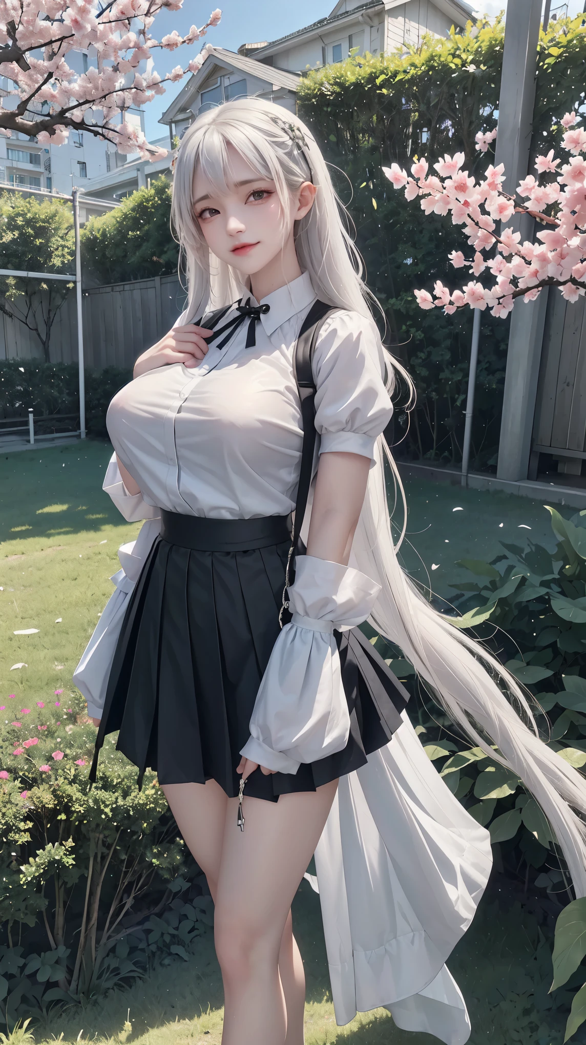 1個Giant Breast Girl, black skirt, branch, buliding, chain-link fence, Sakura NS, fence, long white hair, Outdoor sports, petal, pleated skirt, rain, shirt, short sleeves, skirt, alone, Everlasting, that tree,
sky sky,sthat treet