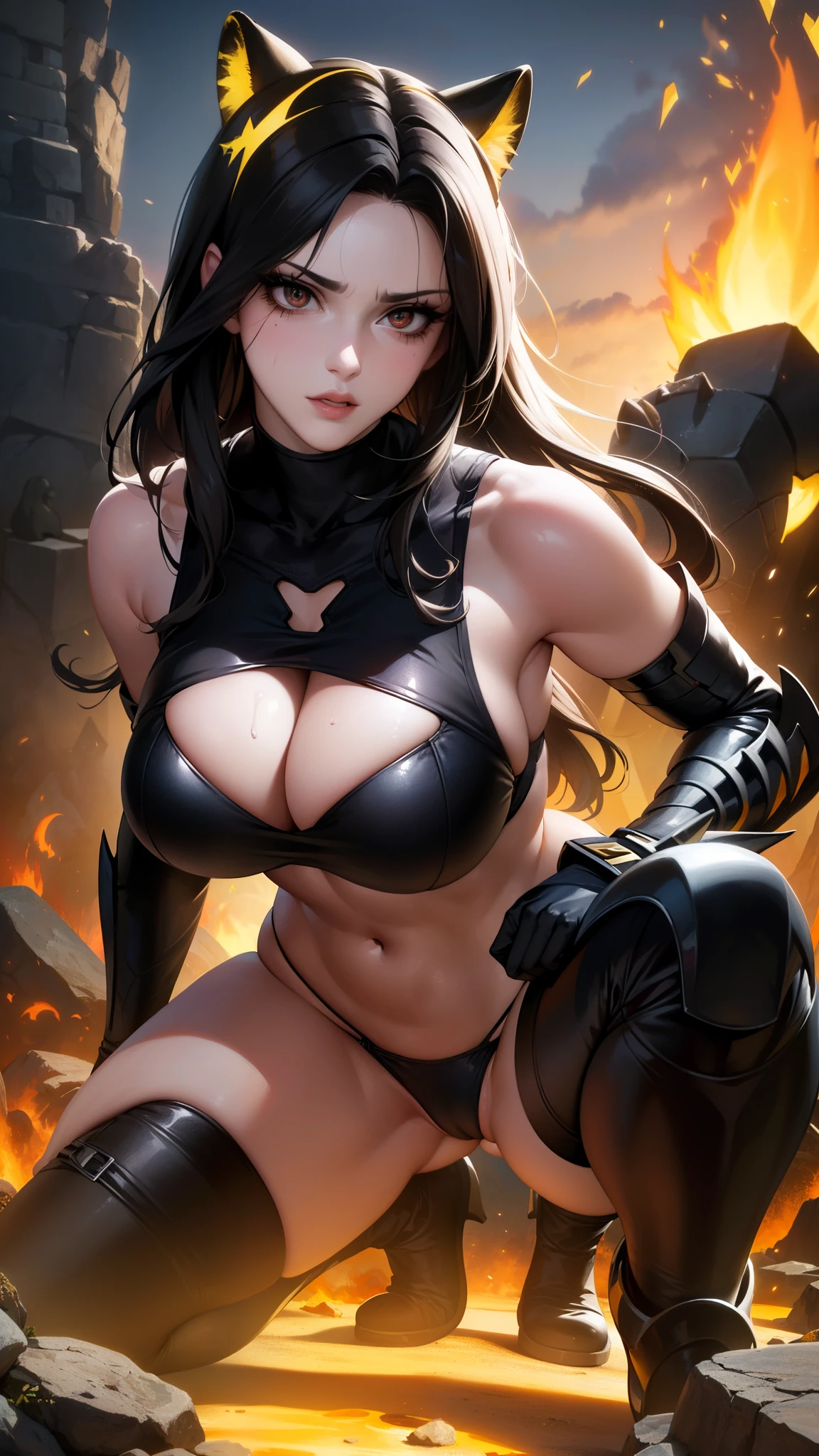 (Pantera Negra da Marvel, baseado no figurino dos filmes da Marvel), (obra de arte), (ultra detalhado), cinematographic , (8k resolution), (extremely detailed and technological), Pintura expressionismo abstrata "Hyperion", Deusa Pantera Negra, technological armor,  swimsuit armor showing pussy, epic technological image, Epic Stance, Legendary, squatting posture with hands on the floor, Flexible Body, pernas arreganhadas sexy. ambiente escuro, pintura digital, retrato de arte conceitual da personagem, (corpo feminino sexy com curvas, ((rosto completamente coberto usando mascara de pantera negra, dentes afiados de pantera)), brilhantes de energia, detalhes em ouro, decote impressionante, muito aberto, (seios naturais extremamente longos e bonitos , grandes, seios saltando para fora do decote, mamilos escuros aparecendo), Chegue perto para enfatizar o belo decote, close-up on sagging breasts), a personagem mais linda e sexy de todas.