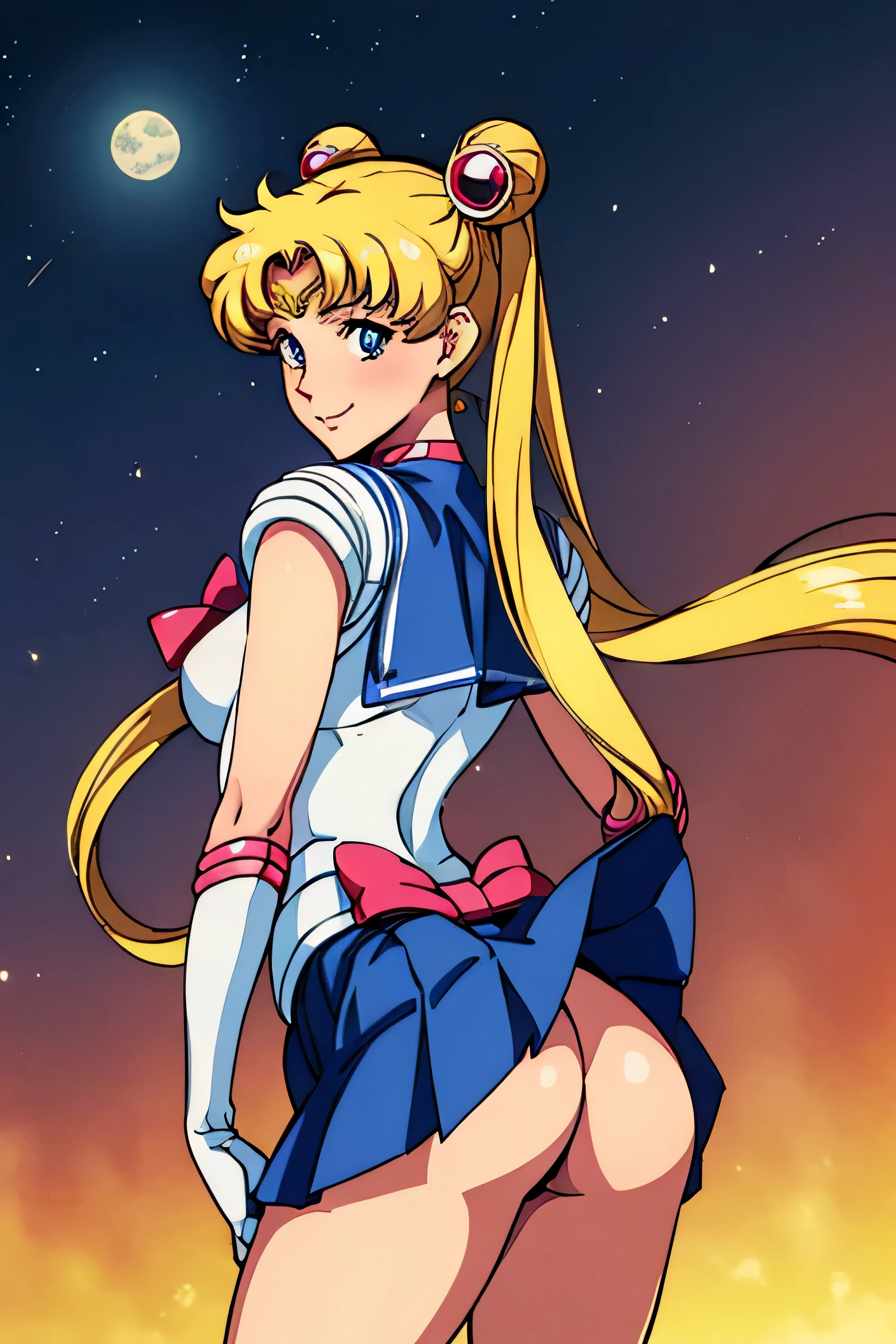 Obra maestra, Mejor calidad, absurdos, perfect anatomy, 1 chica, solo,  Luna, 1990s \(Estilo\), rubia marinero luna, (little mom) de pie, sonrisa, tiro de vaquero, Uniforme Marinero Senshi, cuello marinero, Falda azul, Guantes de codo, en pose de espaldas, shows off his booty, Backward, sin tanga, big booty, ultra mini falda, (detallado:1.3), ultra high resolution, ultra detallado, Highly detallado face and skin texture, detallado eyes, double eyelids, dynamic light, (cara muy detallada) en pose de espaldas, shows off his booty, Backward, (ambas manos en su trasero), levantando su faldita. Booty without thong