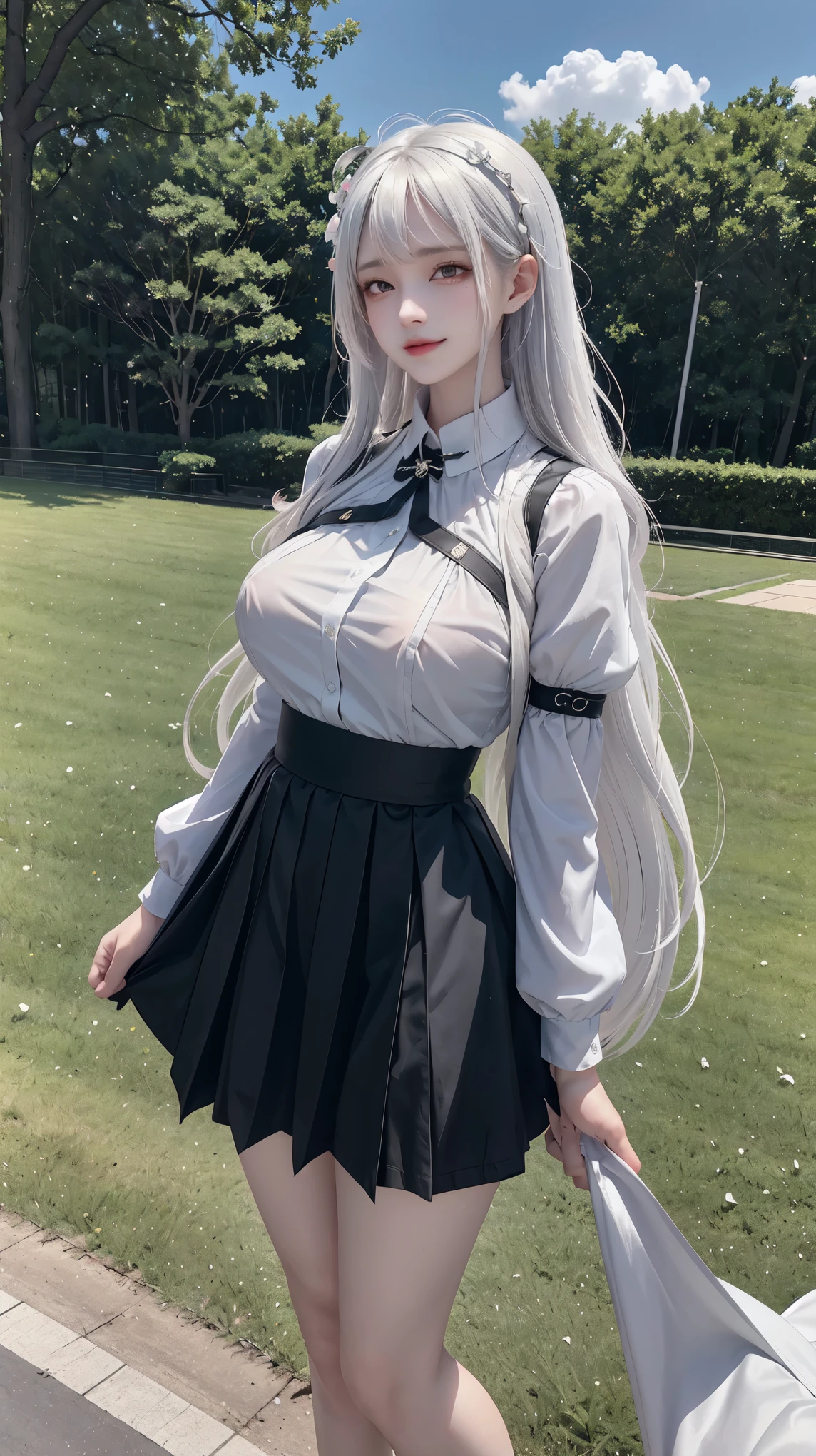 1個Giant Breast Girl, black skirt, branch, buliding, chain-link fence, Sakura NS, fence, long white hair, Outdoor sports, petal, pleated skirt, rain, shirt, short sleeves, skirt, alone, Everlasting, that tree,
sky sky,sthat treet