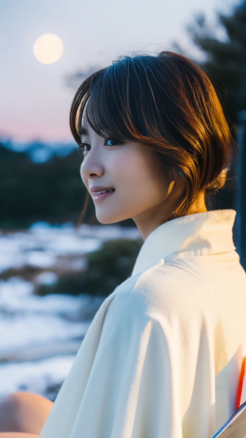 first person,perfect anatomy ,(((Wearing a white kimono with little skin exposed,Beautiful woman sitting with her knees together on a snowy mountain at night))),(((In the dim light of a blizzard,A snow woman who looks good in a plain white kimono is sitting with her hands behind her back and looking at the moon.))),(((muste piece))),The fair-skinned nape of the neck is dazzling,(((The beautiful pure white kimono stands out))),Tuck your chin and smile over your shoulder,((Full body shot from a low angle with the moon in the background)),20-year-old, The nape of the glossy maroon 2-block belly short is sexy.,(Raise the corners of your mouth and eyebrows and smile),((Gravure shooting in a snowy mountain forest)),((long eyelashes,Big eyes,Clear double eyelids,((glossy thick lips)),The short bob looks great and captures the essence of her athleticism and energy.,Deep depth of field with Hasselblad, portraying the motion and grace of フリーズ, showing the wind blowing her ショートカット and clothes,outdoors, detailed background,best image quality,professional angle of view,outstanding detail,超A high resolution,realistic:1.4),high detail,focus on details,1girl concentrated in high concentration,beautiful chestnut hair,Beautiful face with a delicate and high nose,long limbs like a model,tight waist,A glimpse of white skin is dazzling,