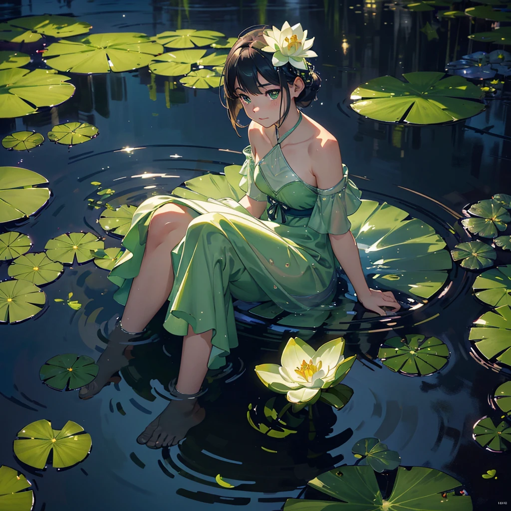 (best quality,4k,8k,highres,masterpiece:1.2),ultra-detailed,(realistic,photorealistic,photo-realistic:1.37),A frog sitting on a lily pad catching bugs,moonlit swamp,shimmering lily pads,reflection on the water,misty fog,ripples in the water,serene atmosphere,vibrant green lily pad leaves,lush vegetation,nighttime ambiance,subtle shadows,crisp textures,radiant moonlight,sparkling stars,dreamy scene,ethereal glow,dimly lit surroundings,tranquil setting,nighttime stillness,frog's detailed textures,subtle wrinkles on the lily pad,moonlit silhouette of the frog,delicate webbed feet,complex patterns on the frog's body,smooth skin on the frog,slender body proportions,curious expression in the frog's eyes,gleaming water droplets on the lily pad surface,captivating moonlight reflections,subtle color variations on the lily pad surface,faint sounds of insects chirping in the background,peaceful serenade of croaking frogs in the distance,overall cool color palette,soft diffused moonlight,subtle play of light and shadow