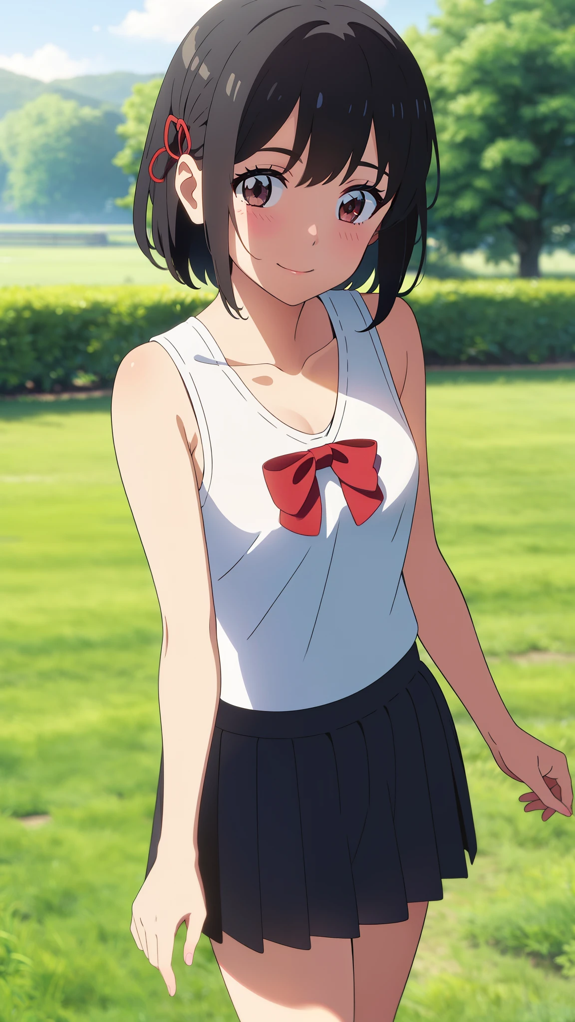 shinkai makoto, kimi no na wa., 1girl, bangs, black hair, blush, bright eyes, brown eyes, red headband, red bow, red ribbon, short hair, smile, cute, beautiful, shiny skin, looking at the viewer, solo, ​happy, collarbone, tank top, skirt, short skirt, miniskirt, blue skym school, outdoors, field